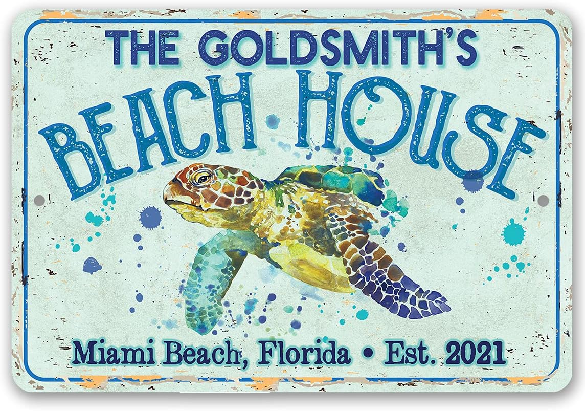 Personalized - Sea Turtle Beach House - Great Beach Front Custom Decor, Cabin and Lake House Accessories, Turtle Animal Paint Print, 8x12 or 12x18 Indoor or Outdoor Durable Metal Sign
