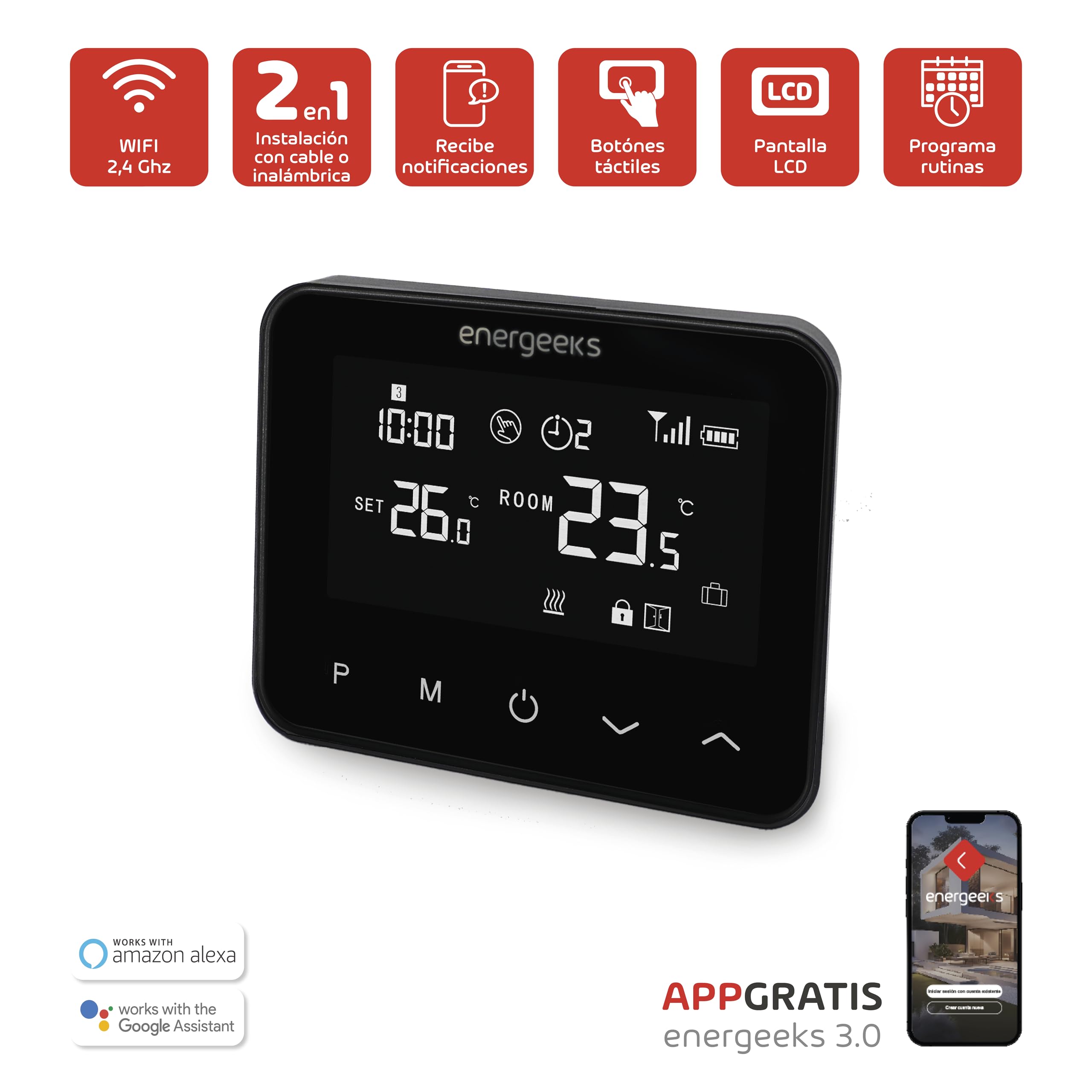 Energeeks Phoenix - Inteligentny termostat WiFi - Automatyczny i programowalny - Kompatybilny z kotłami gazowymi, benzynowymi, pelletowymi i ogrzewaniem podłogowym - Pilot z aplikacją - Kompatybilny z