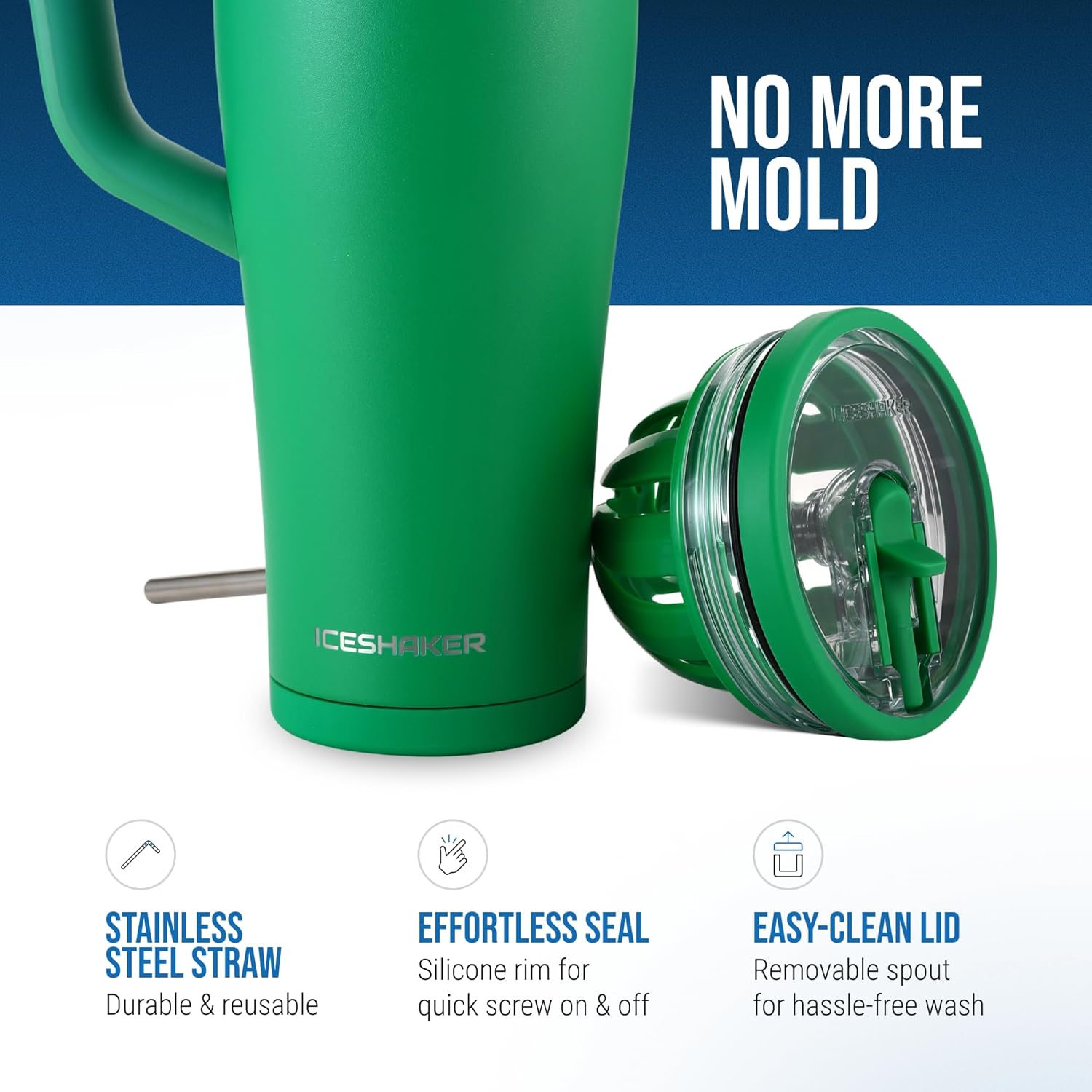 Ice Shaker 40 oz Tumbler with Handle and Straw | 40oz Green | Cold for 30+ Hours | 2-in-1 Tumbler Shaker Bottle | Odor-Free 40 ounce Bottle for Water, Protein Shakes, Smoothies, Cocktails - Image 2