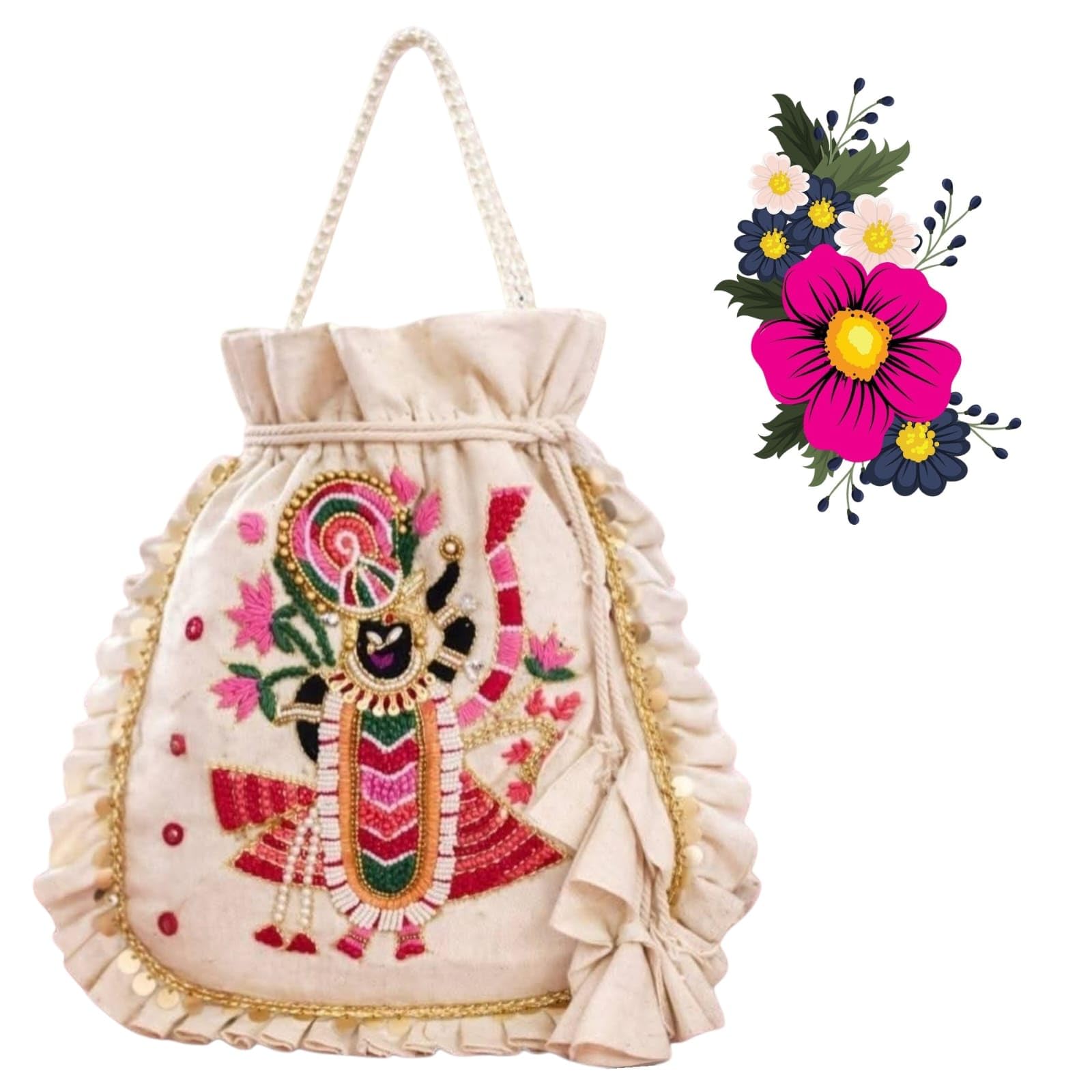 Women's Embroidered Potli Bag | Shrinathji Motif Ethnic Drawstring Purse with Decorative Ruffle Lace | Bridal Clutch for Wedding, Party, Puja & Return Gifts-image-38