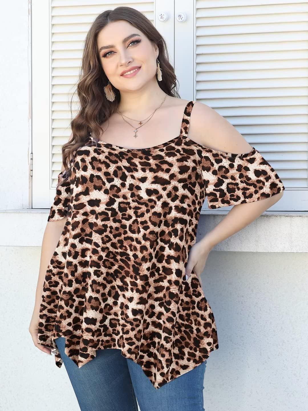 LARACE Cold Shoulder Tops for Womens Summer Clothes Spaghetti Strape Tunic Oversized Shirts Asymmetrical Plus Size Blouse - Image 5