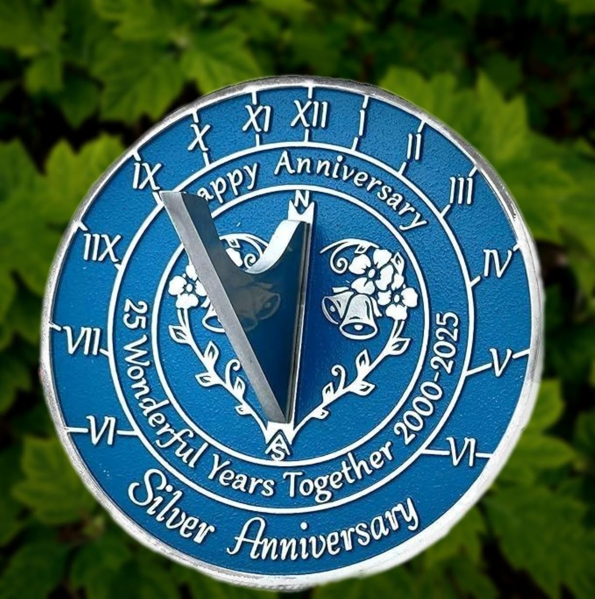 25th Silver Wedding Anniversary 2000-2025 Metal Home Decor Sundial with Pedestal Stand | Garden Present Idea for Couple Him Her Parents Handmade Anniversary 25 Year Celebration Sundial 6.4" Blue