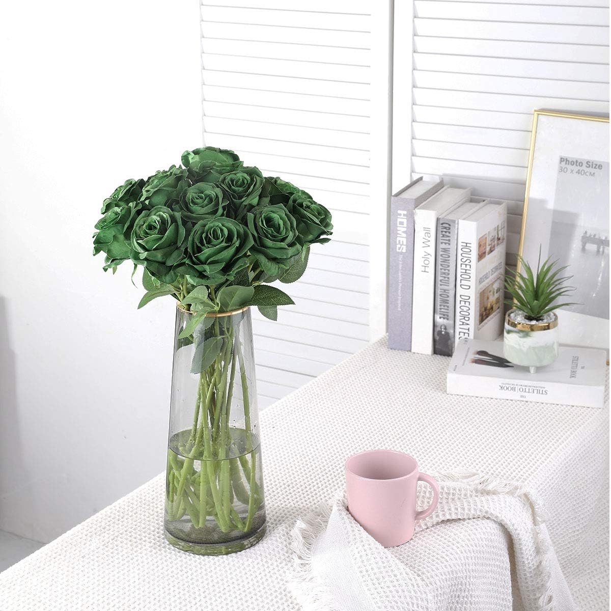 Nubry Artificial Silk Rose Flower Bouquet Lifelike Fake Rose for Wedding Home Party Decoration Event Gift 10pcs (Dark Green) - Image 2