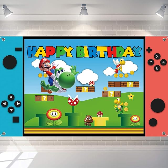  Super Bros Mario Happy Birthday Backdrop Banner,Video Game Birthday Party Supplies Decorations,Super Theme Mario Bros Photography Poster Backdrop (C002)