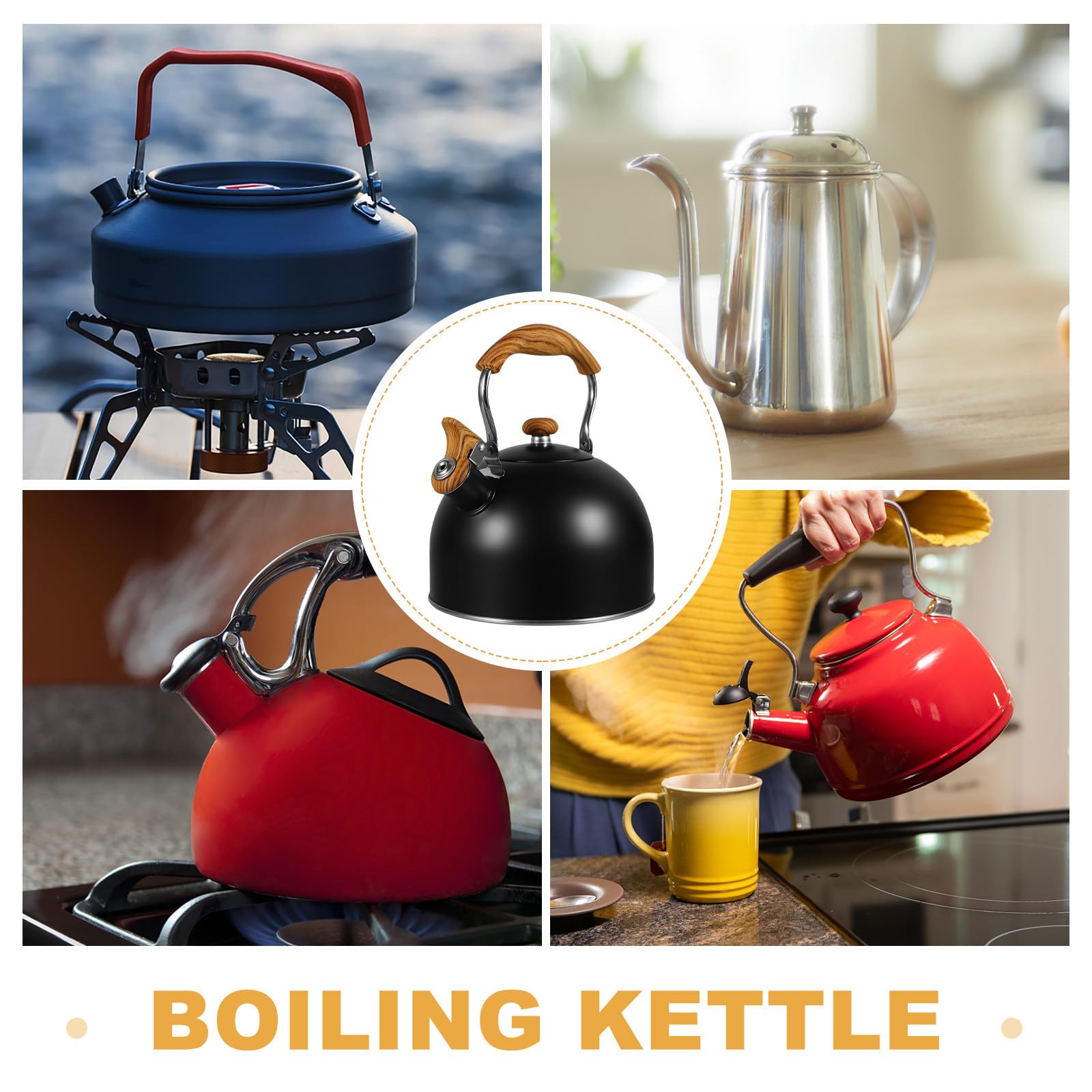 Outanaya Bollitore per Tè Domestico da 2.5l Manico in Legno, Acciaio Inossidabile, Riscaldamento Rapido e Fischio Automatico, Design Elegante per Cucina
