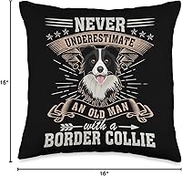 Vista 4 de Border Collie Dog Gift Tee Never Underestimate an Old Man with Border Collie - Almohada para perro, 16 x 16 pulgadas, multicolor