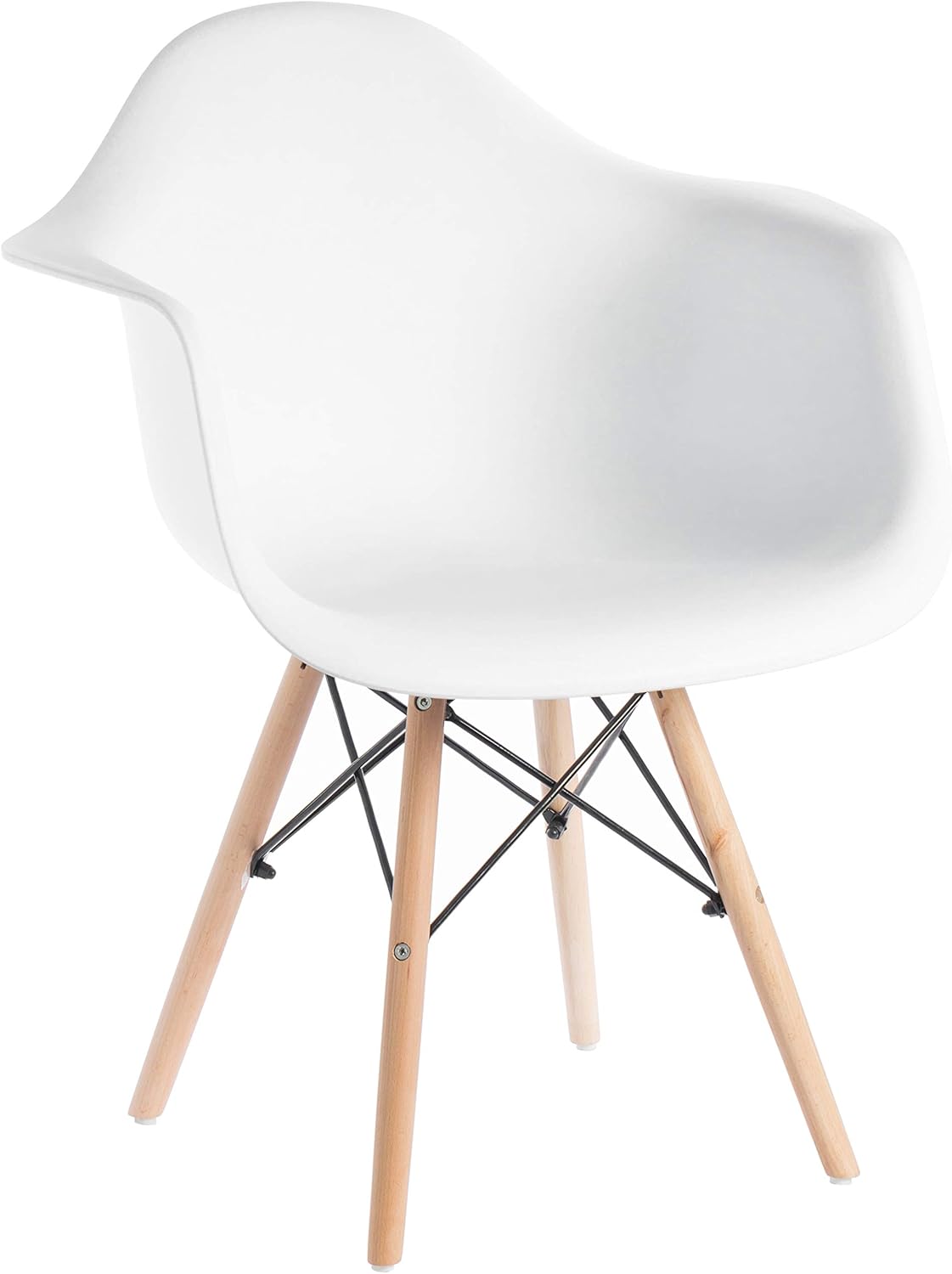 Fabulaxe Bold Tones Mid-Century Modern Style Plastic DAW Shell Dining Arm Chair with Wooden Dowel Eiffel Legs, White, 1 1 White