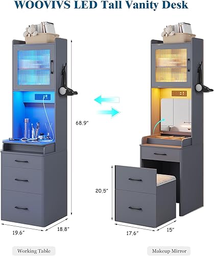 Miniatura 4 de Escritorio de tocador con espejo abatible y luces, tocador de maquillaje con estación de carga, juego de tocador LED con cajonestabureteorganizador