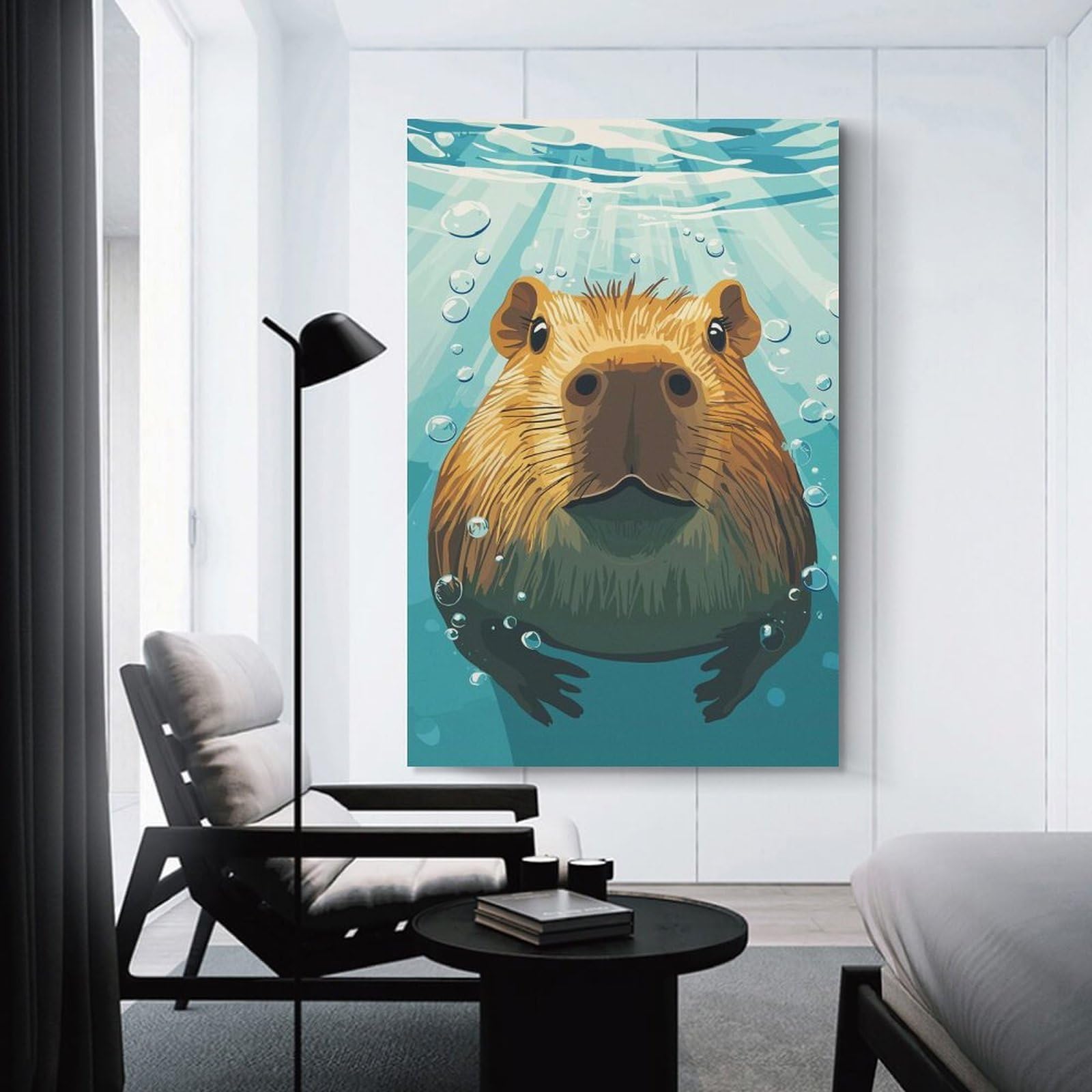 Junmoney Unframe-Style-23 Capybara Swimming Underwater Illustration Wall Decor Canvas Print, 12X18inch(30X45cm), For Flats, Guest Rooms Or Compact Rooms, A Simple Refresh For Blank Walls