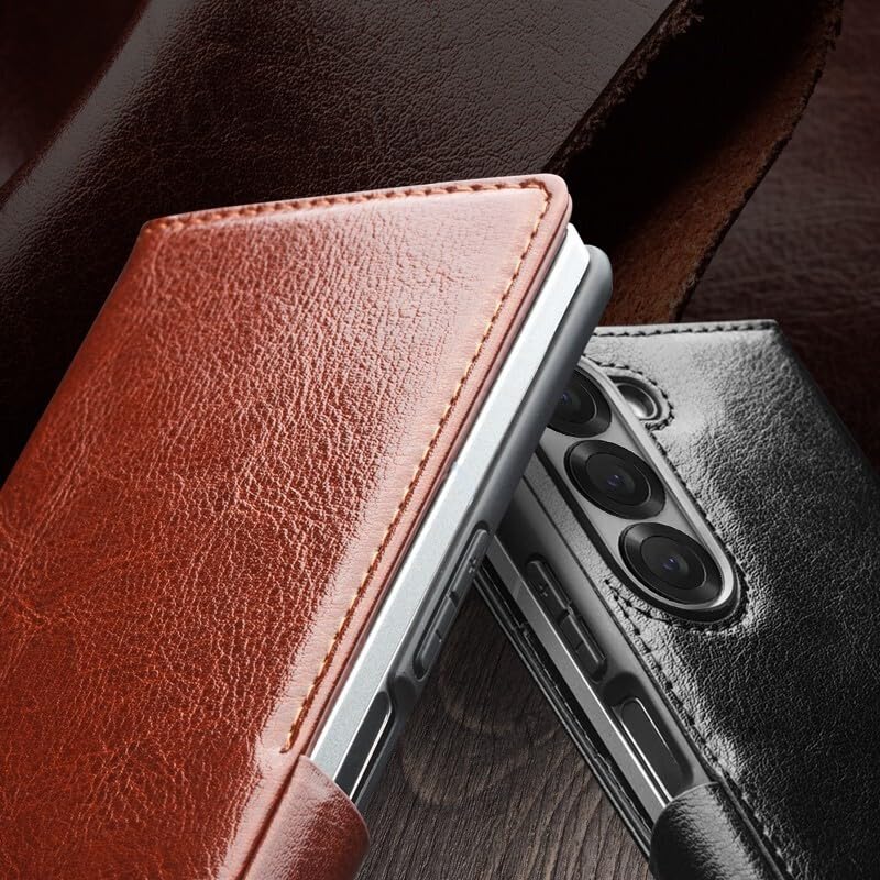 Protection Galaxy Z Fold 5 cuir véritable marron anti-rayure