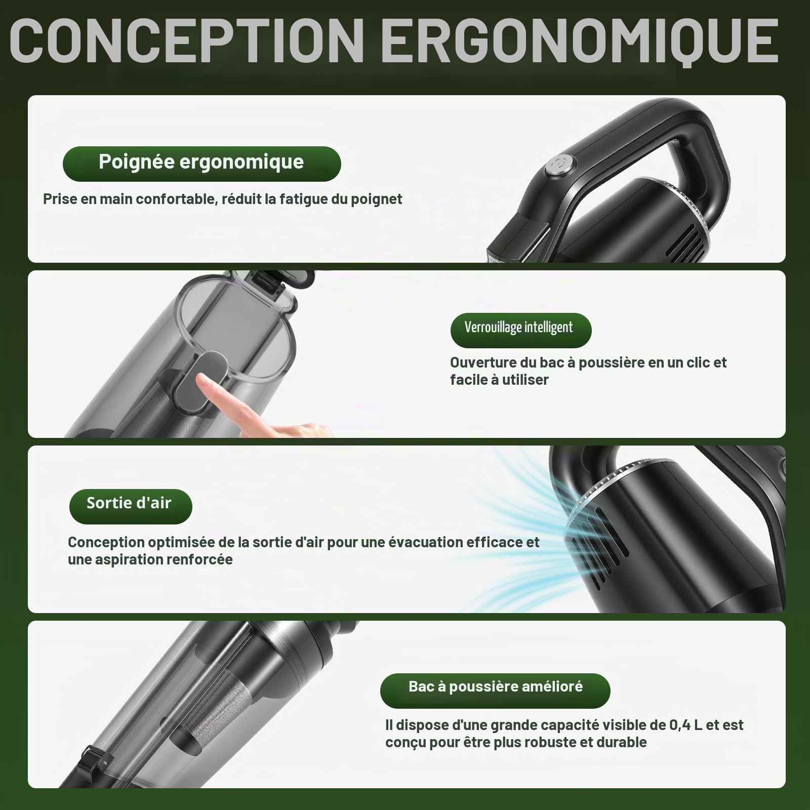 Aspirateur Voiture Table Voiture Puissant, 26000 PA Aspirateur a Main sans Fil, Mini Aspirateur à Main, Convient pour Le Nettoyage de la Voiture et de la Maison, Noir