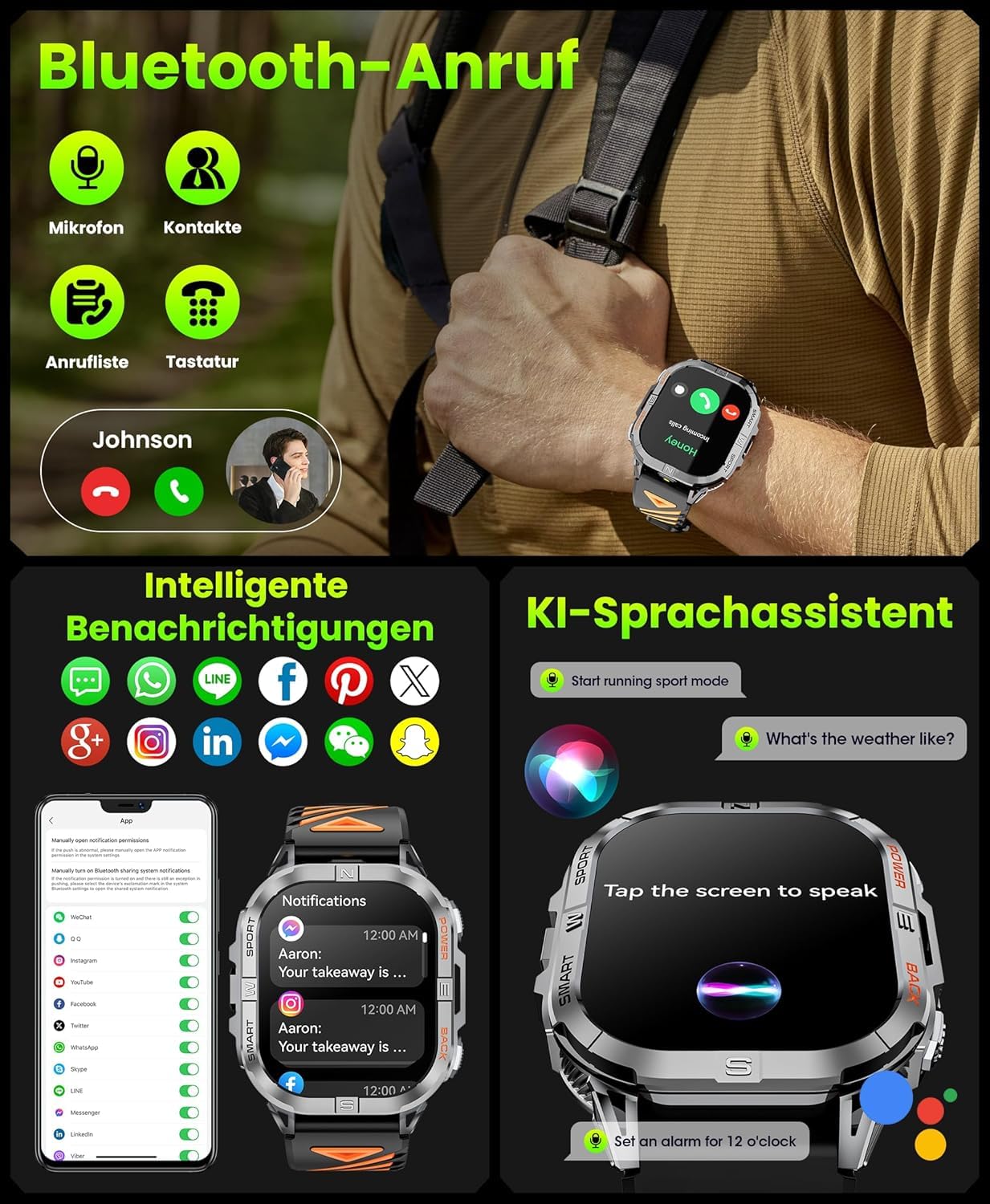 GPS Montre Connectée Homme, 2,13" AMOLED Militaire Smartwatch avec Torche LED/Boussole/100+ Modes Sportifs/580mAh Batterie/Surveillance Santé/Appels Bluetooth pour Android iOS