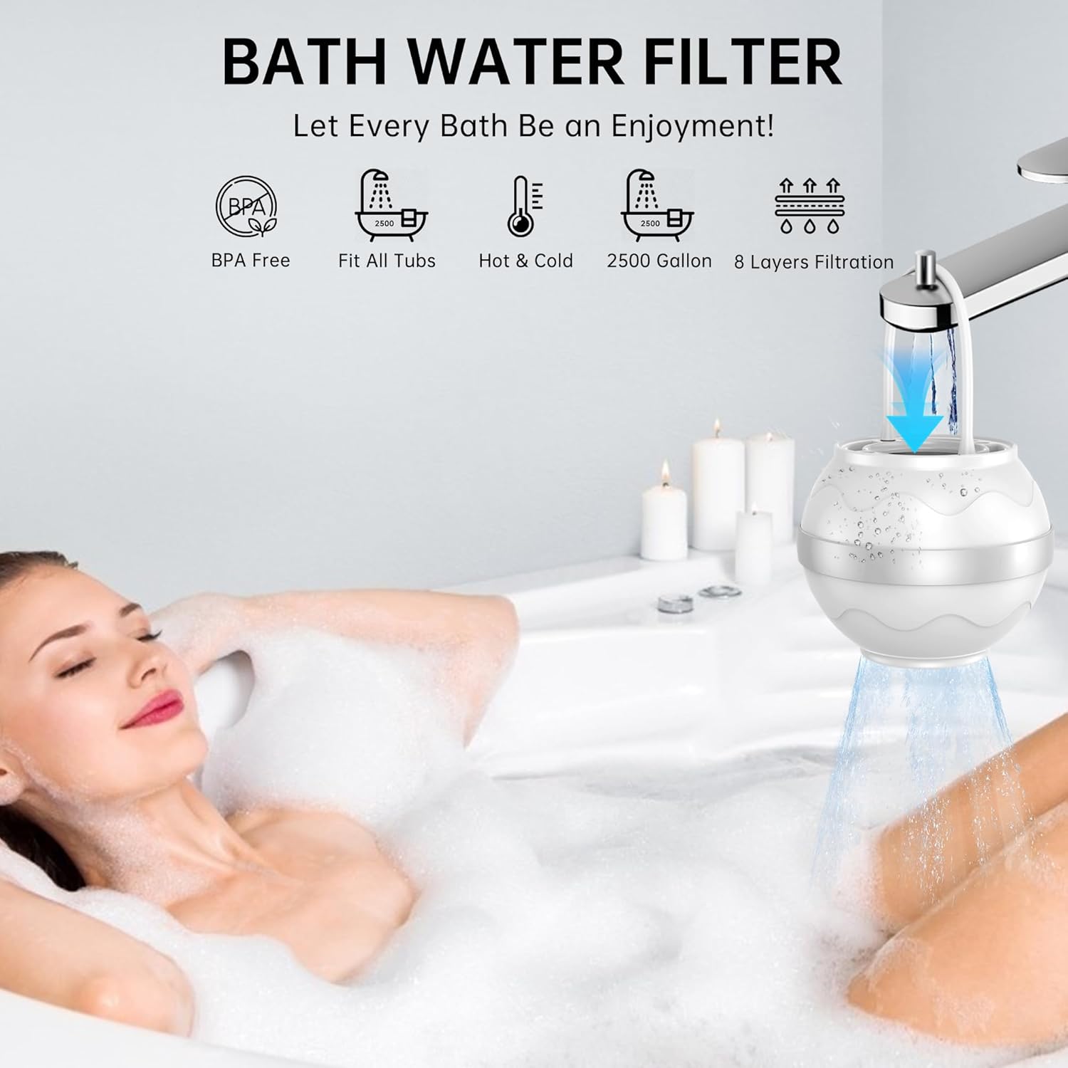 Bath Filter for Tub Faucet(2 Pack Replacement Cartridge)- 8 Stages Bath Water Filter, 2500 Gallons of Filtration, Remove Contaminants, lmproved Skin,Hair,and Nail Condition,BPA-Free(White)