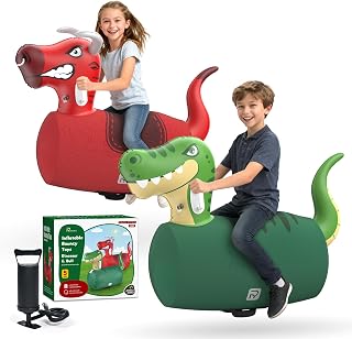 POVRYE 2-Pack Giant Inflatable Dinosaur & Bull Bouncy Hoppers with Pump - 220lbs Ride-On Toys for Kids Ages 5+ Indoor/Outdoor Fun
