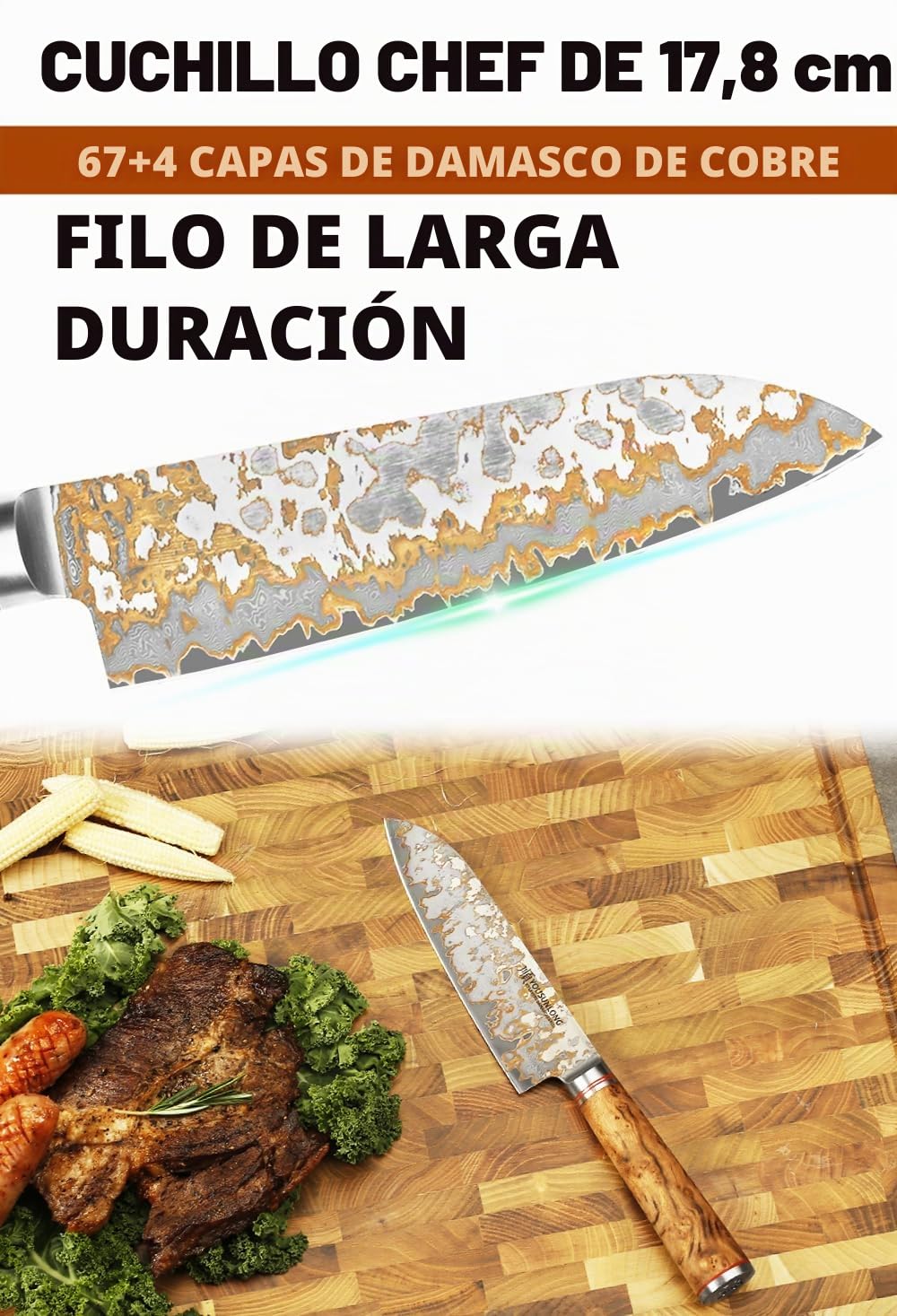 YOUSUNLONG Cuchillos de Chef Damasco - Hoja de Acero Damasco Cobreado de 168mm hecho a mano en Japón - Cuchillo de Cocina Profesional Afilado como una Navaja - Mango de Madera Naturel Burl con Cuero