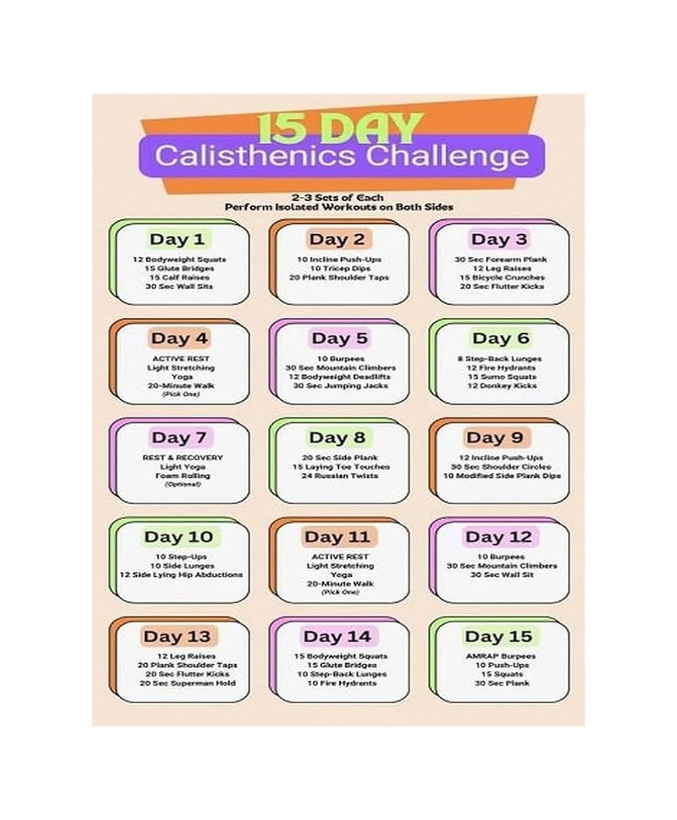 NWPNLXEA Bodyweight Calisthenics Challenge Poster 15 Day Workout Plan Motivational Fitness Progress Wall-Art for Men Women Unframed,16X24inch(40X60cm)