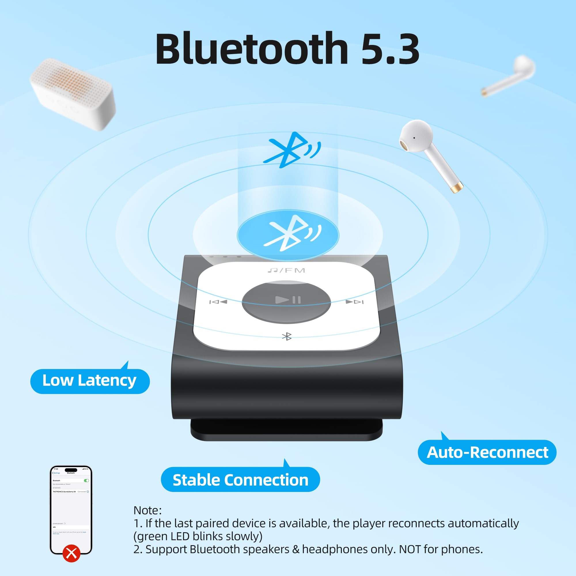 AGPTEK A53PL Lecteur MP3 à clip 64 Go avec Bluetooth, lecteur de musique portable avec radio FM, Shuffle, pas besoin de téléphone, pour le sport (noir)