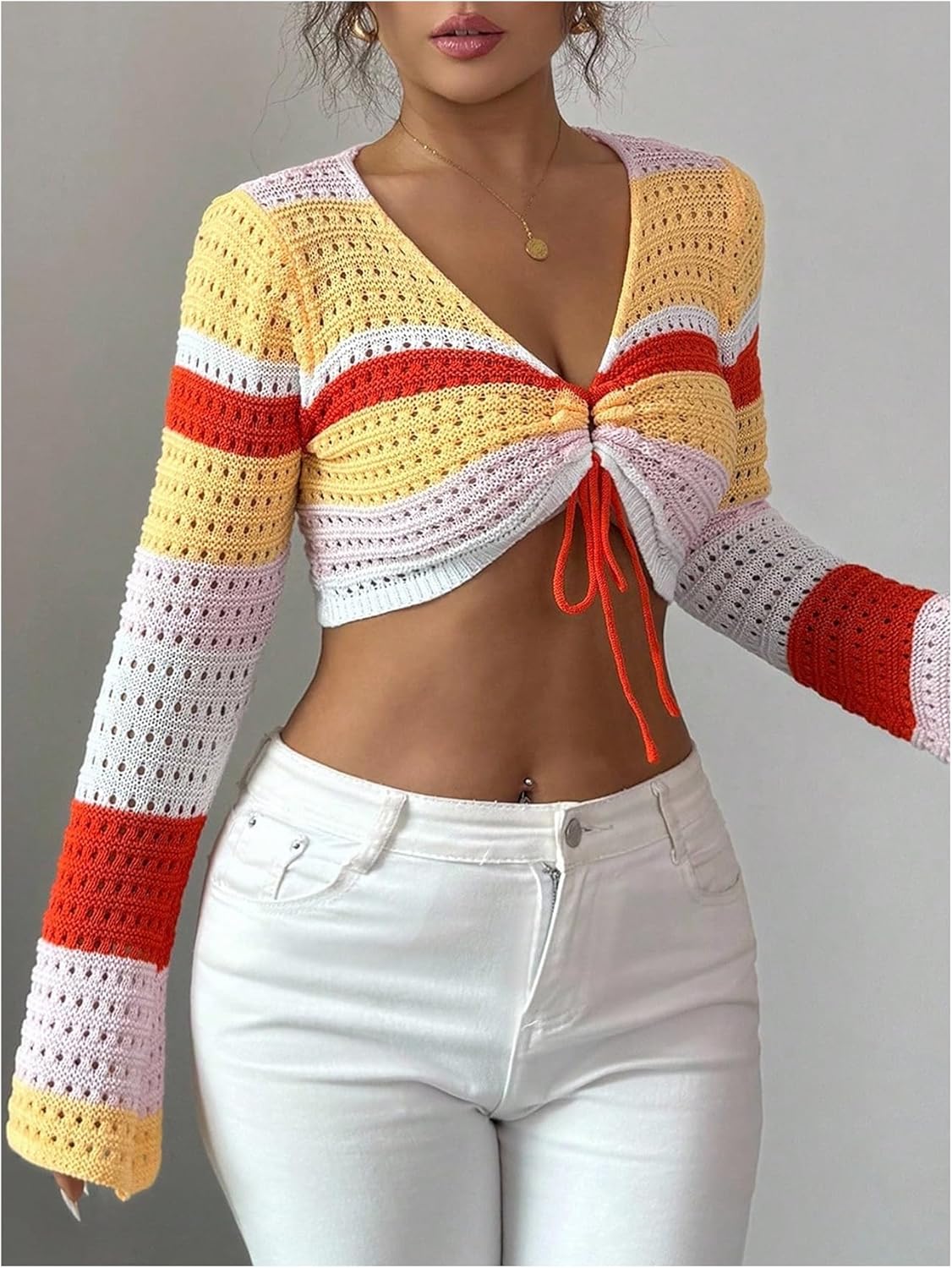 SweatyRocks Women's Striped Long Sleeve Sweater Hollow Out Crop Knitted Pullover Sweaters Fall Outfits - Image 4