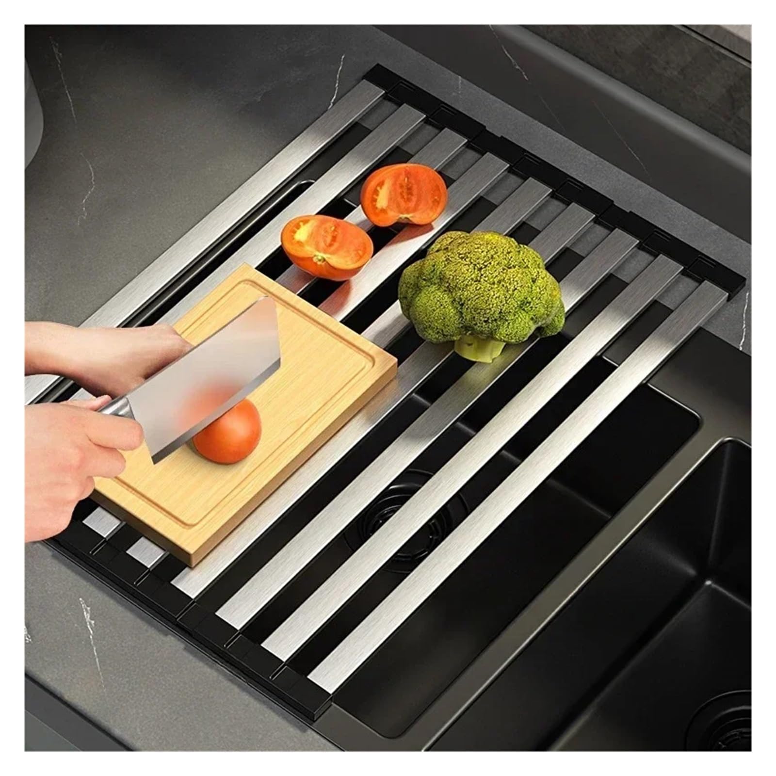 escurridor de Platos Plegable Silicona Soporte for Fregadero de Cocina, escurridor, Acero Inoxidable for y Platos, Cesta Drenaje Plegable retráctil(60x32.5cm)