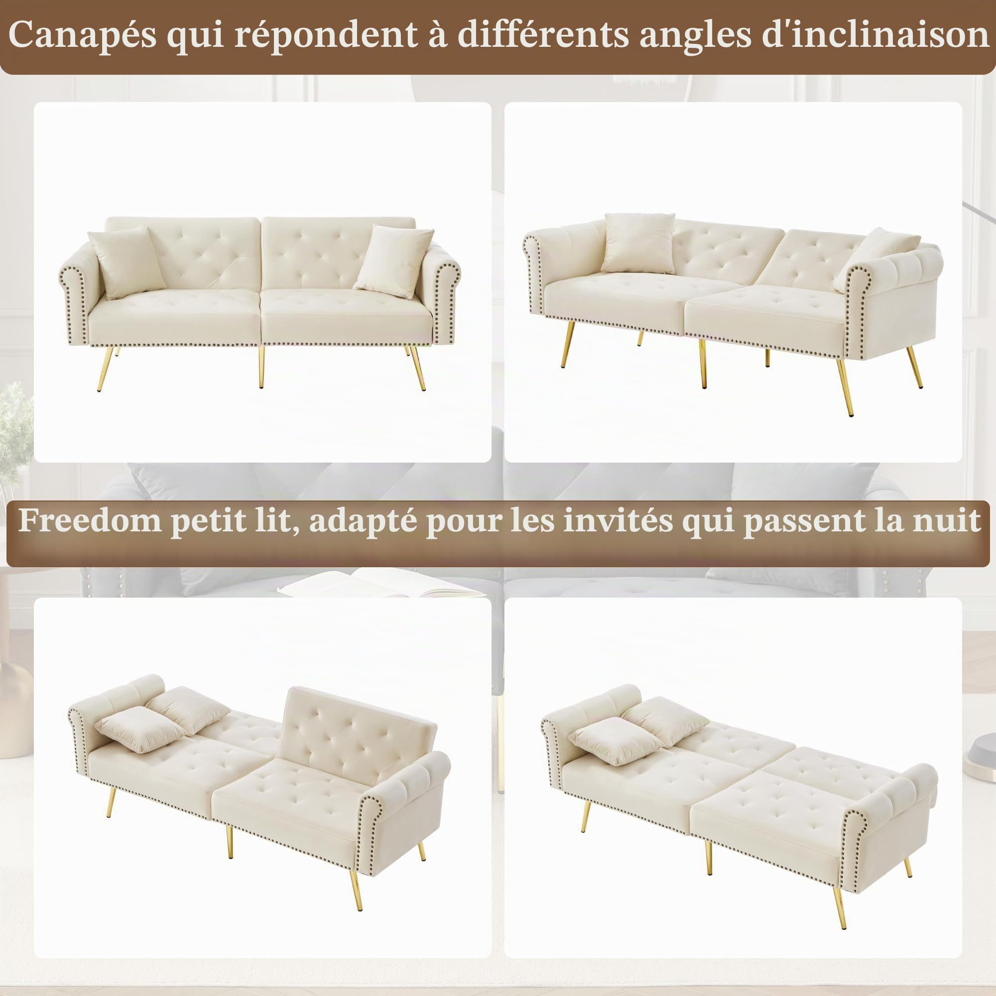 Canapé-lit moderne 2 places en velours avec dossier réglable à 3 niveaux, pieds en métal doré, élégant, fonction sommeil, gain de place, idéal pour les petites pièces (beige)
