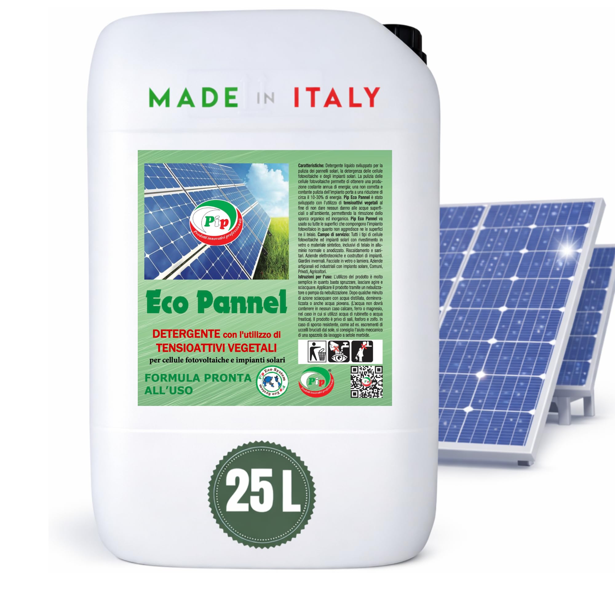 PIP Eco Pannel Detergente per Pannelli Fotovoltaici Pronto all’Uso 25L, Made in Italy – Pulizia Pannelli Solari Vegetale Ecologico Antistatico, Non Richiede Raccolta Acqua – Fino a 250 m² (25L)