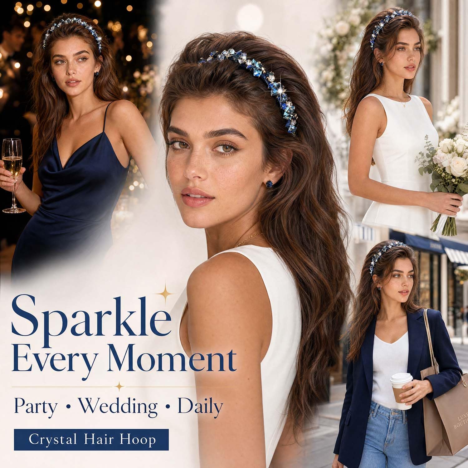 Diademas brillantes con diamantes de imitación para mujer, antideslizantes, accesorios para el cabello (azul, talla única)