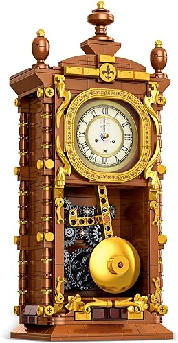 Juego de bloques de construcción de reloj oscilante vintage, 751 piezas de reloj mecánico de trabajo real con alarma, péndulo móvil y esfera
