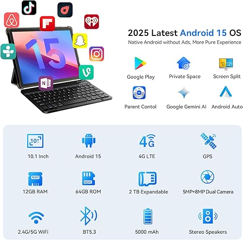 Miniatura 2 de Topsand Tablet Android de 10 pulgadas, tableta Android 15 con teclado, mouse, 4G LTE celular, pantalla IPS, procesador MediaTek Octa Core,