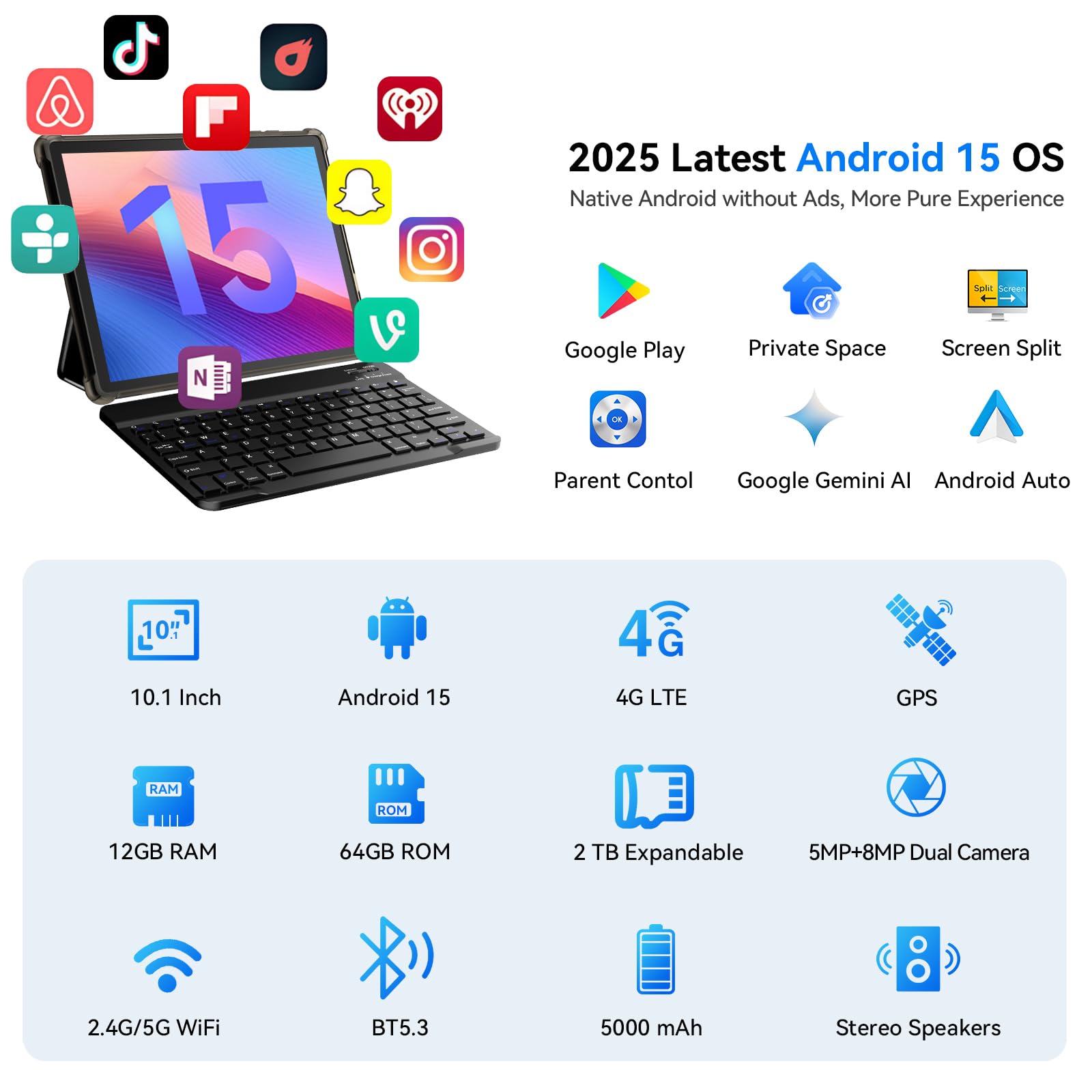 Android Tablet 10 inch, Android 15 Tablet with Keyboard, Mouse, 4G LTE Cellular, IPS Display, MediaTek Octa Core Processor, 12GB+64GB, 2TB Expandable,5G Wi-Fi, GPS, 2-in-1 Tablets with Case