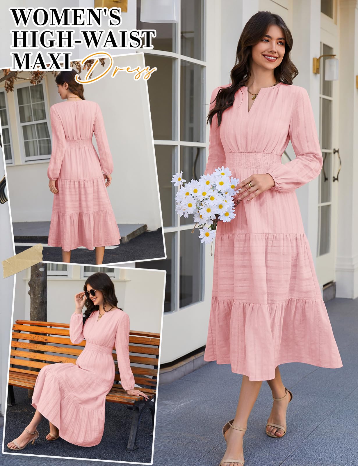 Vestito Donna Manica Lunga Scollo a V Autunno | Vita Alta, Gonna a Trapezio, Cotone, Casual Abito, Vestito Lungo, Elegante, Tinta Unita, Tasche, Autunno, Inverno, Primavera