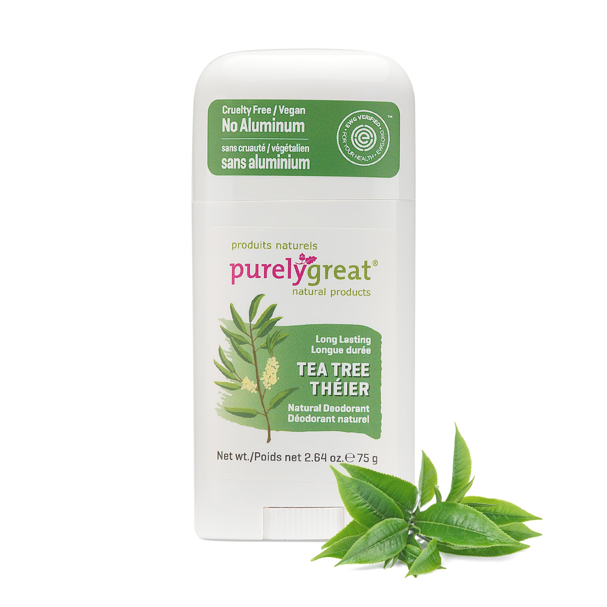 Purelygreat - Tea Tree Scented Natural Deodorant Stick, Travel-Friendly Hygiene Essentials for Women, Natural Deodorant for Men Without Aluminum & Parabens, 2.64 oz / 75 g