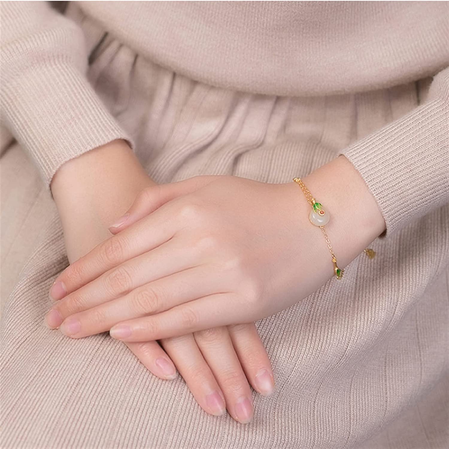 YDYDTTKD Orecchini in Argento S925 placcati in Oro con Pendente in Giada Hetian intarsiato, Anello con Bracciale per Orecchio, Set per Gioielli Fidanzata