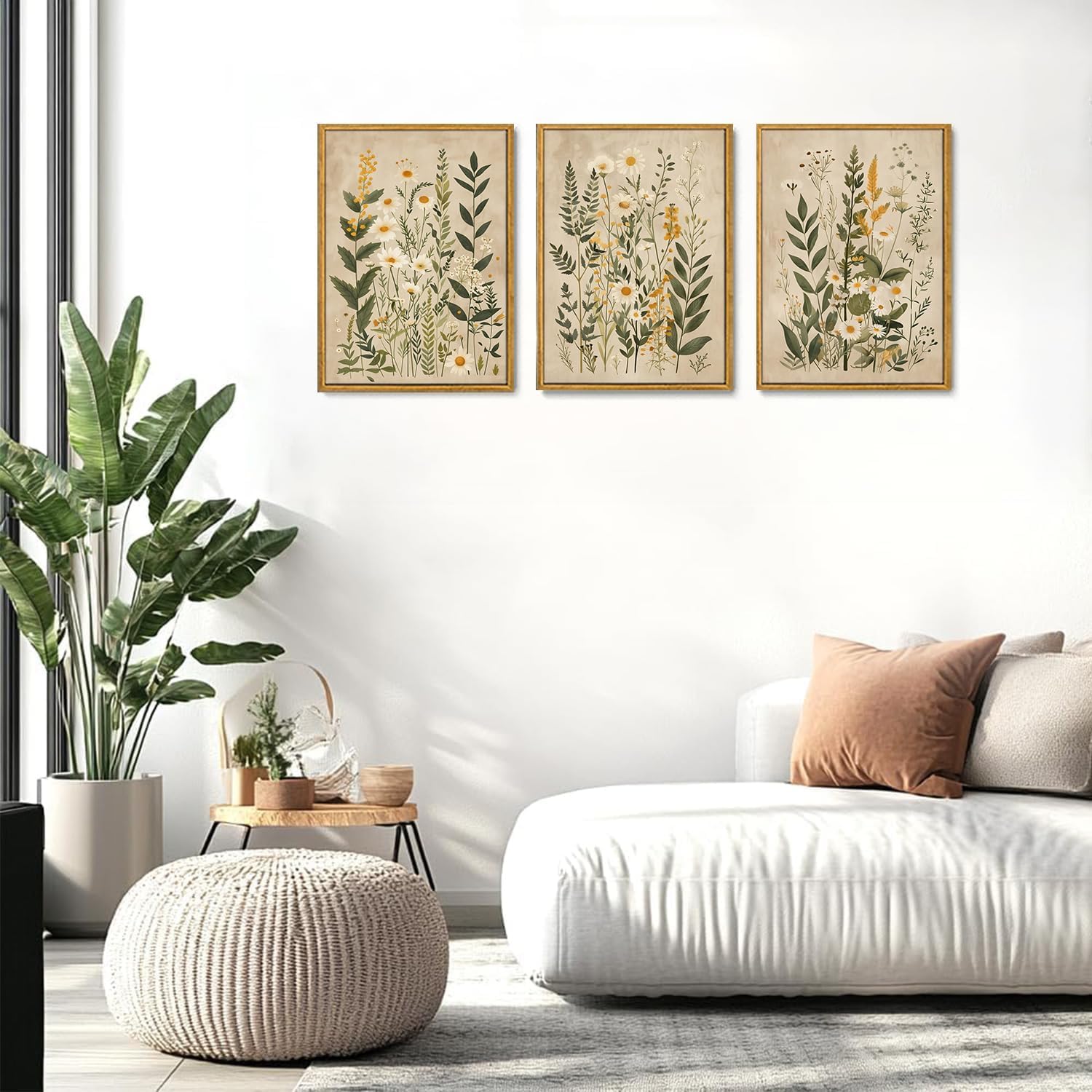 lianyibo 3 szt. Vintage kwiatowy obraz ścienny na płótnie, stokrotki neutralny obraz botaniczny, nowoczesne kwiatowe wydruki artystyczne do salonu (60 x 80 cm x 3 / rama wewnętrzna)