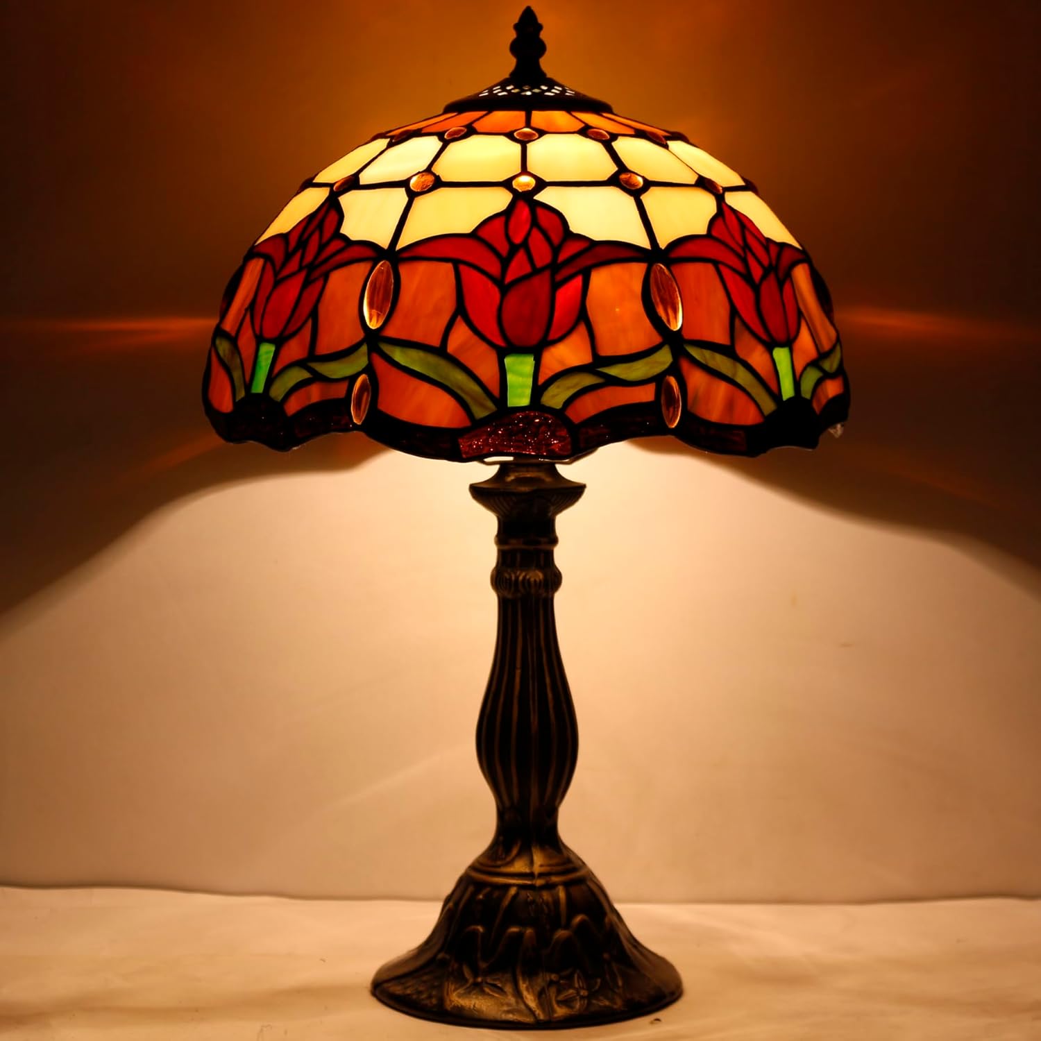 WERFACTORY Tiffany Table Lamp Stained Glass Style Tulip Flower Bedside Reading Desk Light 12X12X18 Inches Decor Bedroom Living Room Home Office S030 Series