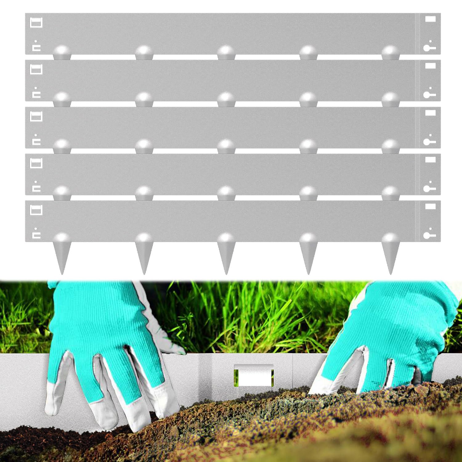 Vigevee Rasenkante mit Dornen, Rasenkante Metall 100x18cm Beeteinfassung Beetumrandung, Flexible Verformbar Metall Palisade für Garten Bauernhof, Silber (Länge 5m - Höhe 18cm)