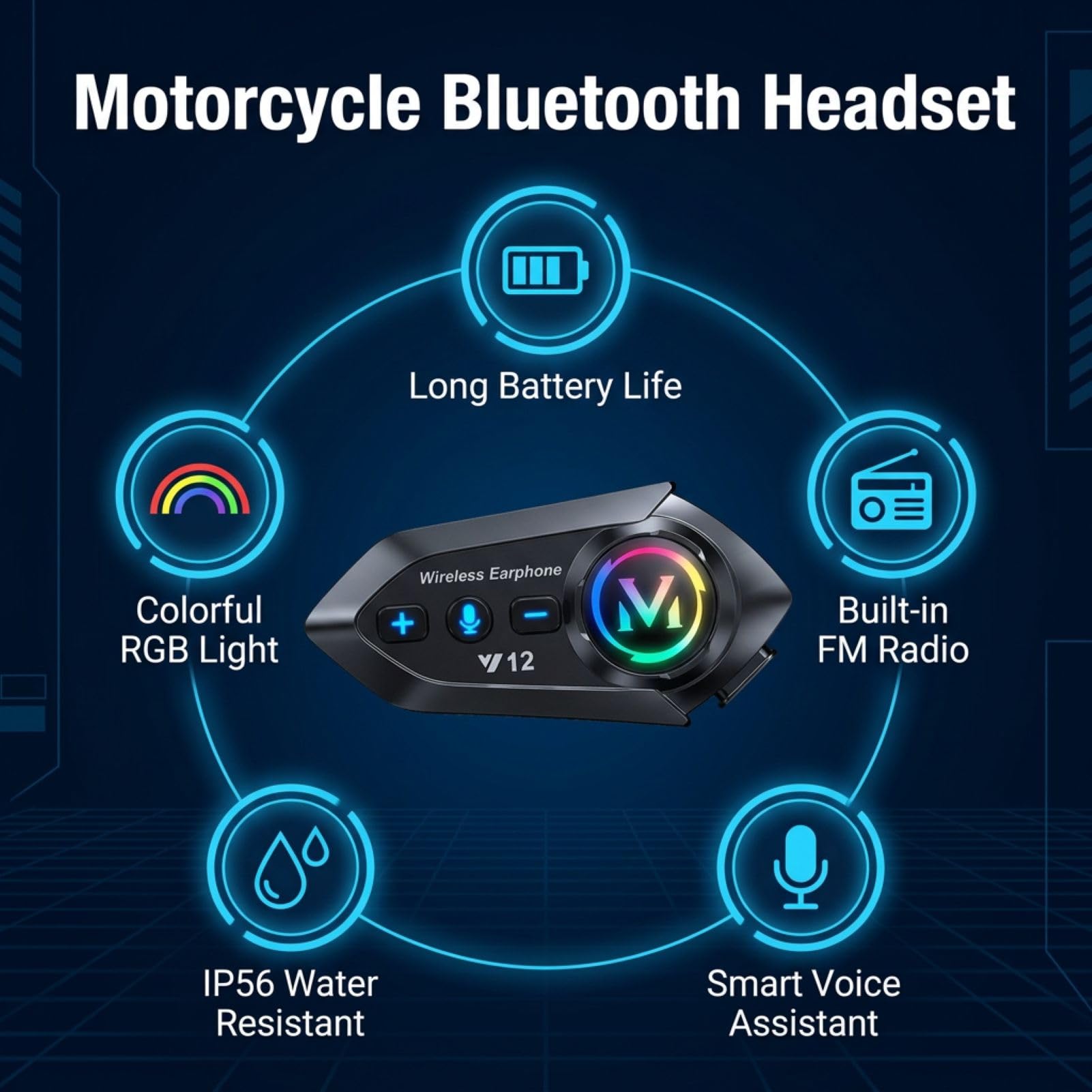Écouteurs Moto Bluetooth 5.4, Kit Casque Moto Double Suppression du Bruit avec Assistant Vocal, IP65 Étanche, Éclairage RGB Appels HD, HiFi Musique et Navigation en Même Temps pour Tous les Casques