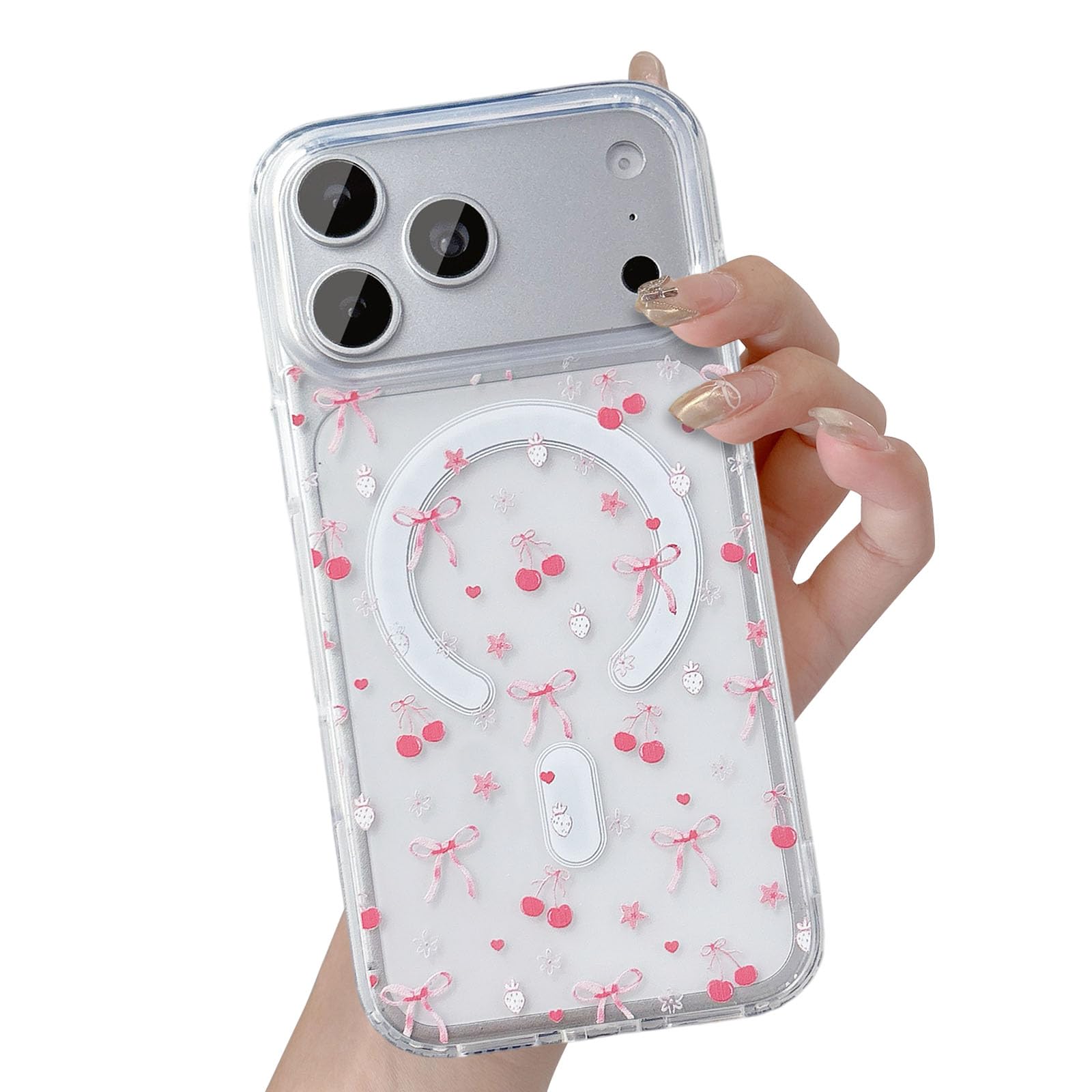 UEEBAI Magnetic for iPhone 18 Pro Max/17 Pro Max Case, Bow Case Compatible with MagSafe, Wireless Slim Clear Ribbon Aesthetic Cover Anti-Yellowing Shockproof Protective Cover for Women Girl - Cherry