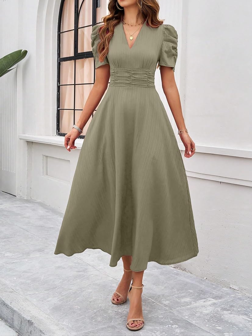Buy Shasmi Girl's & Women's Pista Solid Color V-Neck A-Line Maxi Dress for  Women | New Year Party Outfit | Waist Cinched Puff Sleeve Western Dress |  Elegant Casual Wear (Dress 246