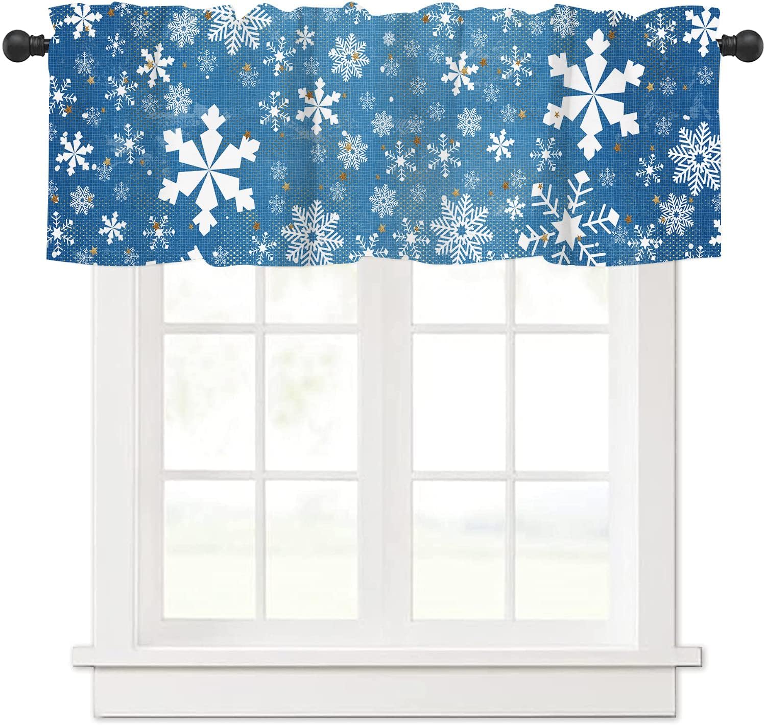 Gaakvrr Christmas Valance Curtains for Windows, Snowflake Elegant Blue Kitchen Valances for Windows, Window Treatments for Kitchen Bathroom Bedroom 45x135cm（18x54 Inch）