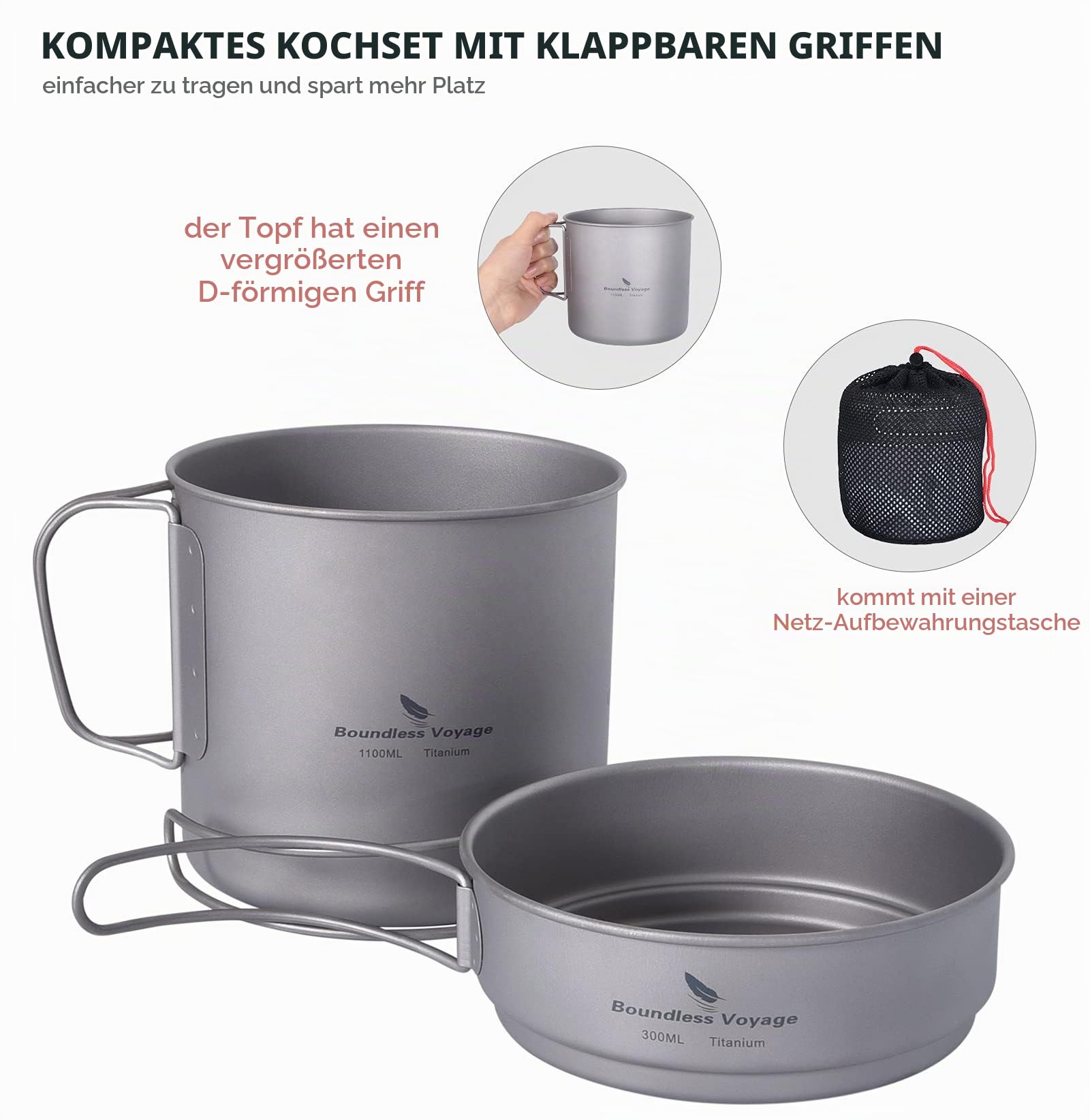 iBasingo Titan Becher Pfannen Set 1100ml & 300ml Camping Kochgeschirr Outdoor Leichtes Klein Topf Teller Set Picknick Wandern Schüssel mit Klappgriffen Rucksack Kochset für 1 Person Ti2053C