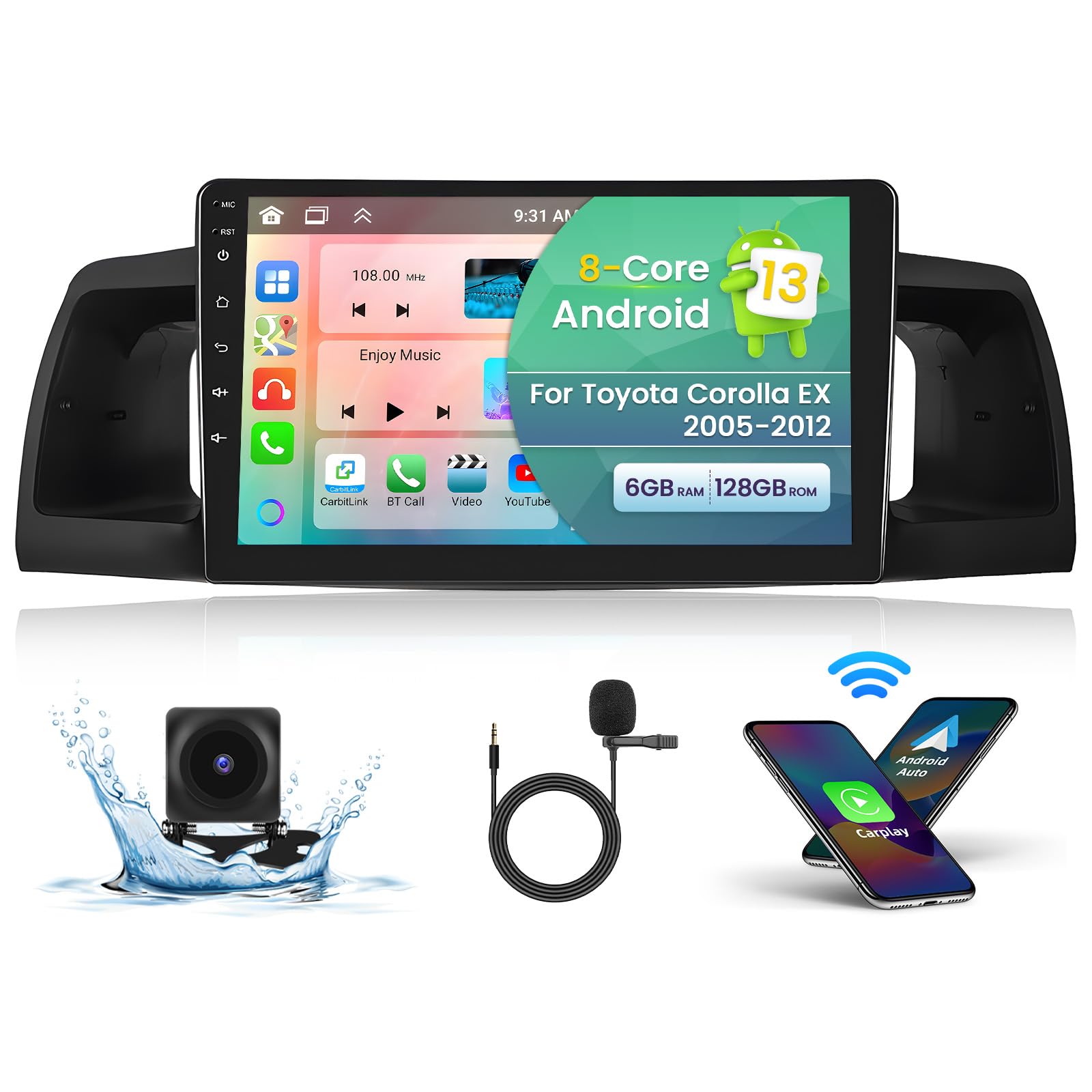 Roinvou 8 Cores 6+128G Car Radio for Toyota Corolla EX 2005-2012, 9" Touch Screen for Corolla Carplay Android Auto with 32EQ Bluetooth5.0 WiFi GPS Navigation 1280 * 720 Resolution