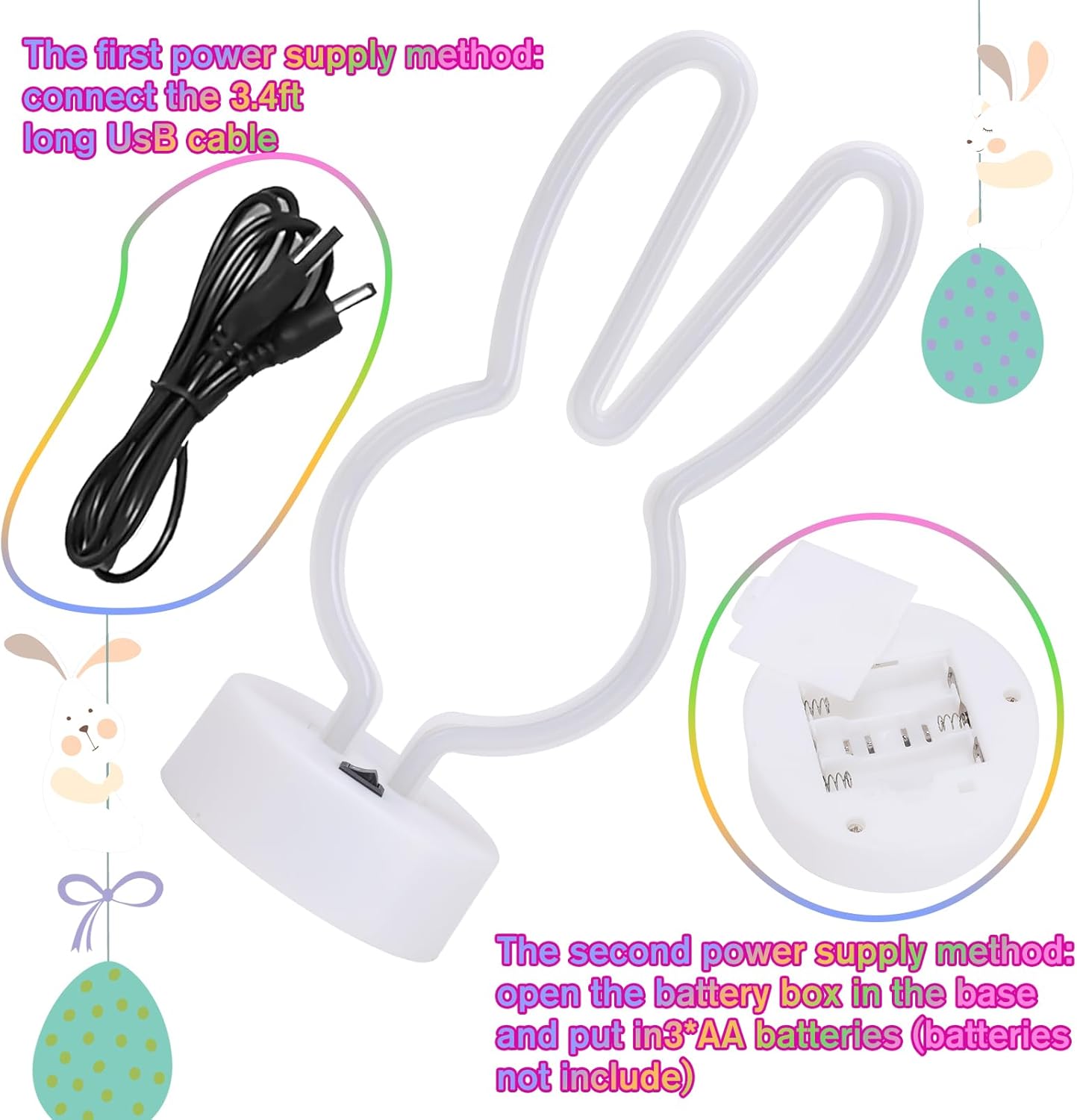 Bunny Shape LED Neon Signs, Colorful Rainbow Rabbit Neon Lights USB/Battery Powered Night Lights with Base, Cute Rabbit Head Neon Lamp for Easter Table Art Decoration (Colorful)