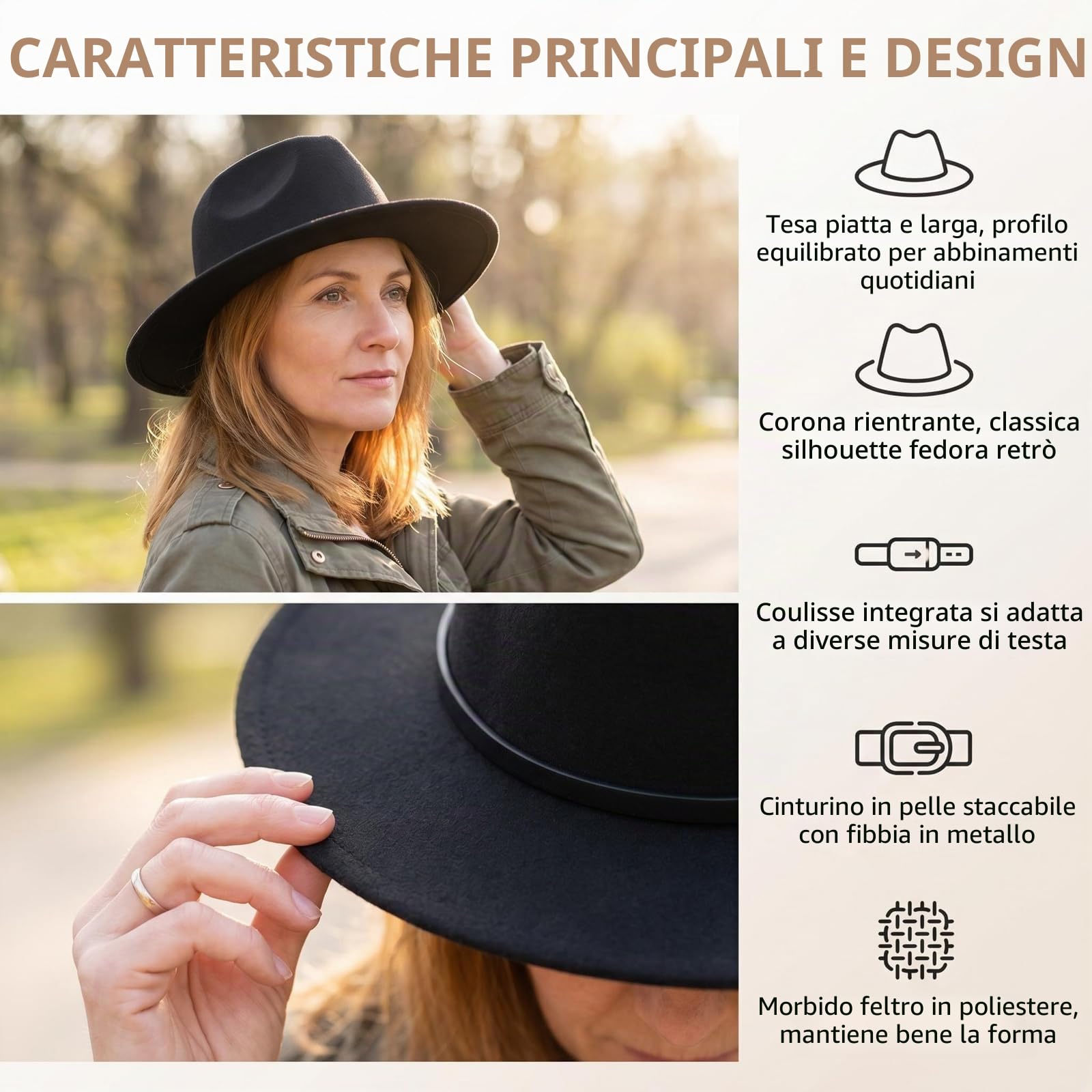 Ericotry Cappello Fedora con tesa larga – Classico cappello in feltro nero con fibbia per cintura, Trilby, Panama, stile derby, Nero , m