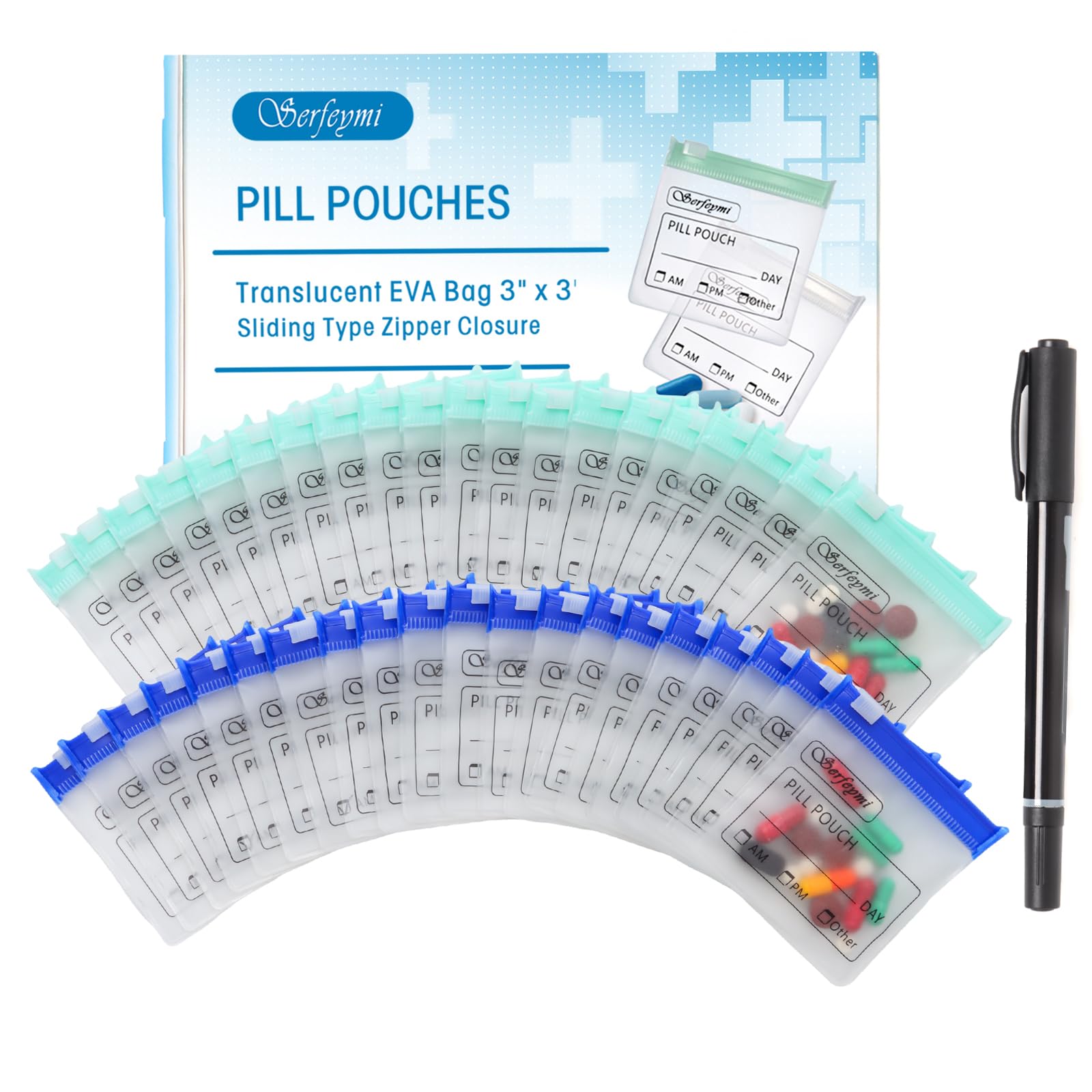 Serfeymi 48 Pcs Pill Pouches Bags for Travel 3 x 3 in 12 mil(Double Sided)