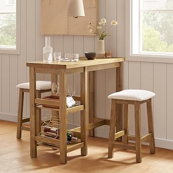 mopio Kelly Solid Wood Counter Table Set with 2 Boucle Stools, 3-Piece Small Dining Kitchen Island Table Set for 2, with Storage Shelves, for Living Room, Dining Room, Kitchen