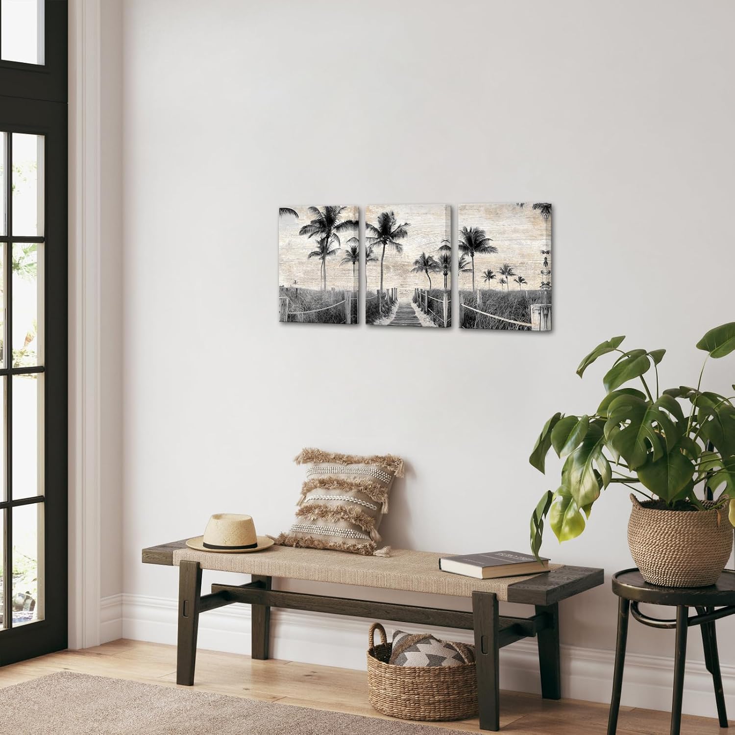 OuElegent Florida Sunrise Canvas Wall Art Vintage Beige Beach Footbridge Palm Tree Picture Prints Artwork for Home Decor Framed 12"x16"x3pcs