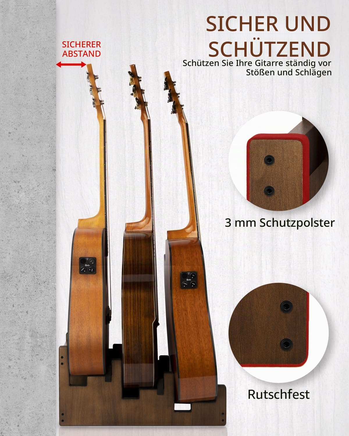 STRICH Holz-Gitarrenständer für mehrere Gitarren, 3-facher Halter, Gepolsterter Multi-Gitarrenständer für Zuhause, Studio, Bühne, L-3AW (Für 3 Akustik-/E-Gitarren)