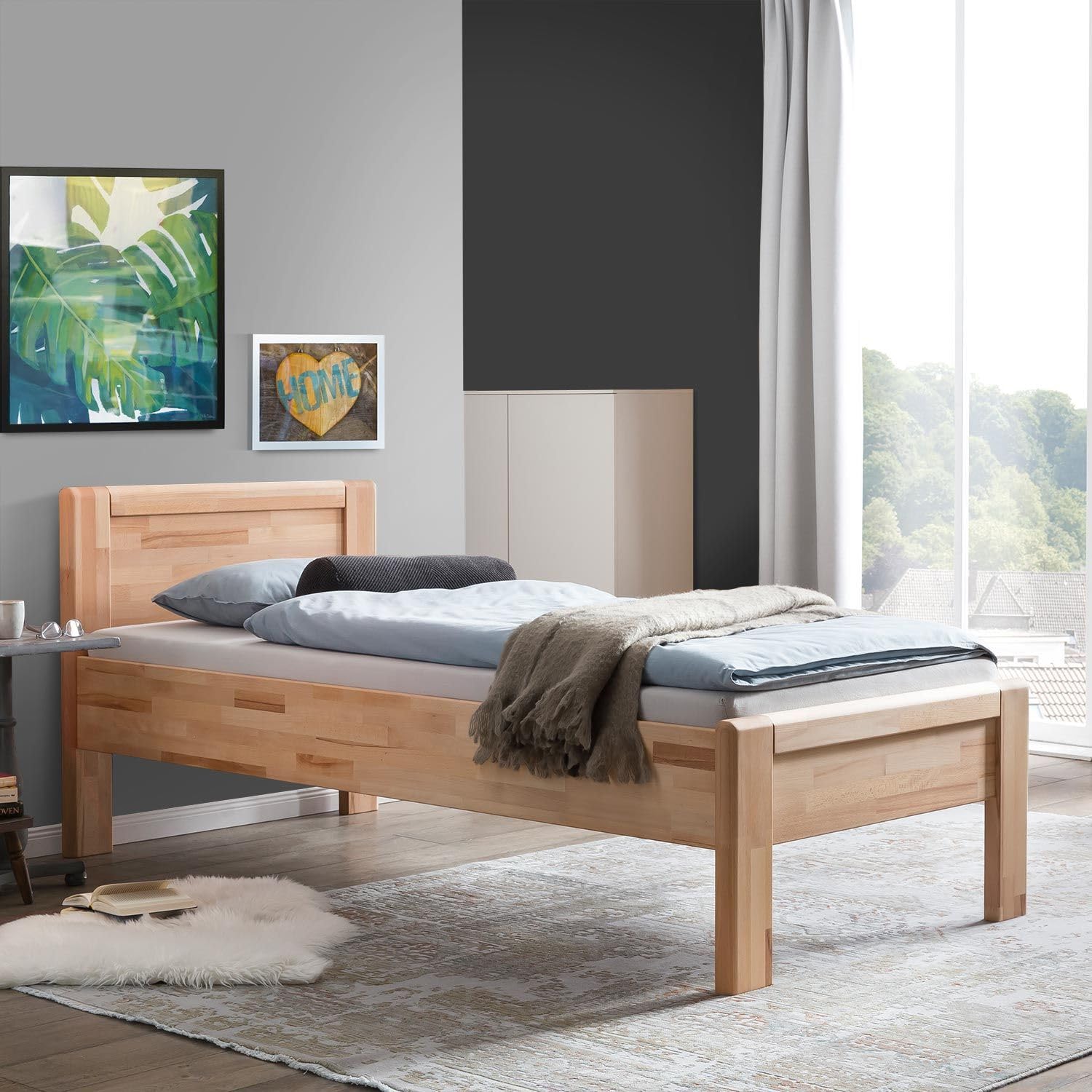 Ewen Seniorenbett, 90x200 cm, Kernbuche Natur | Kernbuche-Seniorenbett, ohne Schubkasten, mit Komforthöhe, mit Auflageleisten, belastbar bis 160 kg, 90x200 cm, Natur
