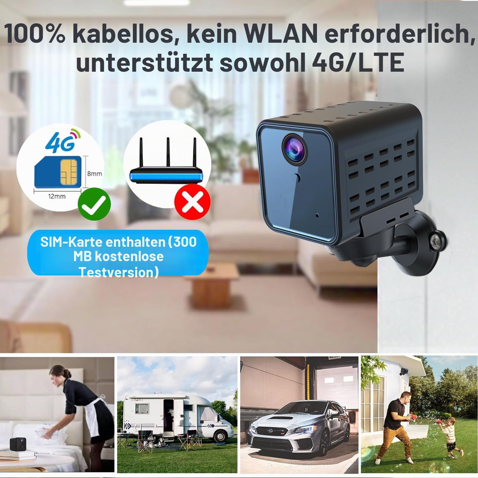 javiscam Mini Kamera,Kamera Überwachung aussen,4G Überwachungskamera, 2K Akku Überwachung Innen,Live Übertragung SIM Karte, Radar Bewegungsmelder Nachtsicht