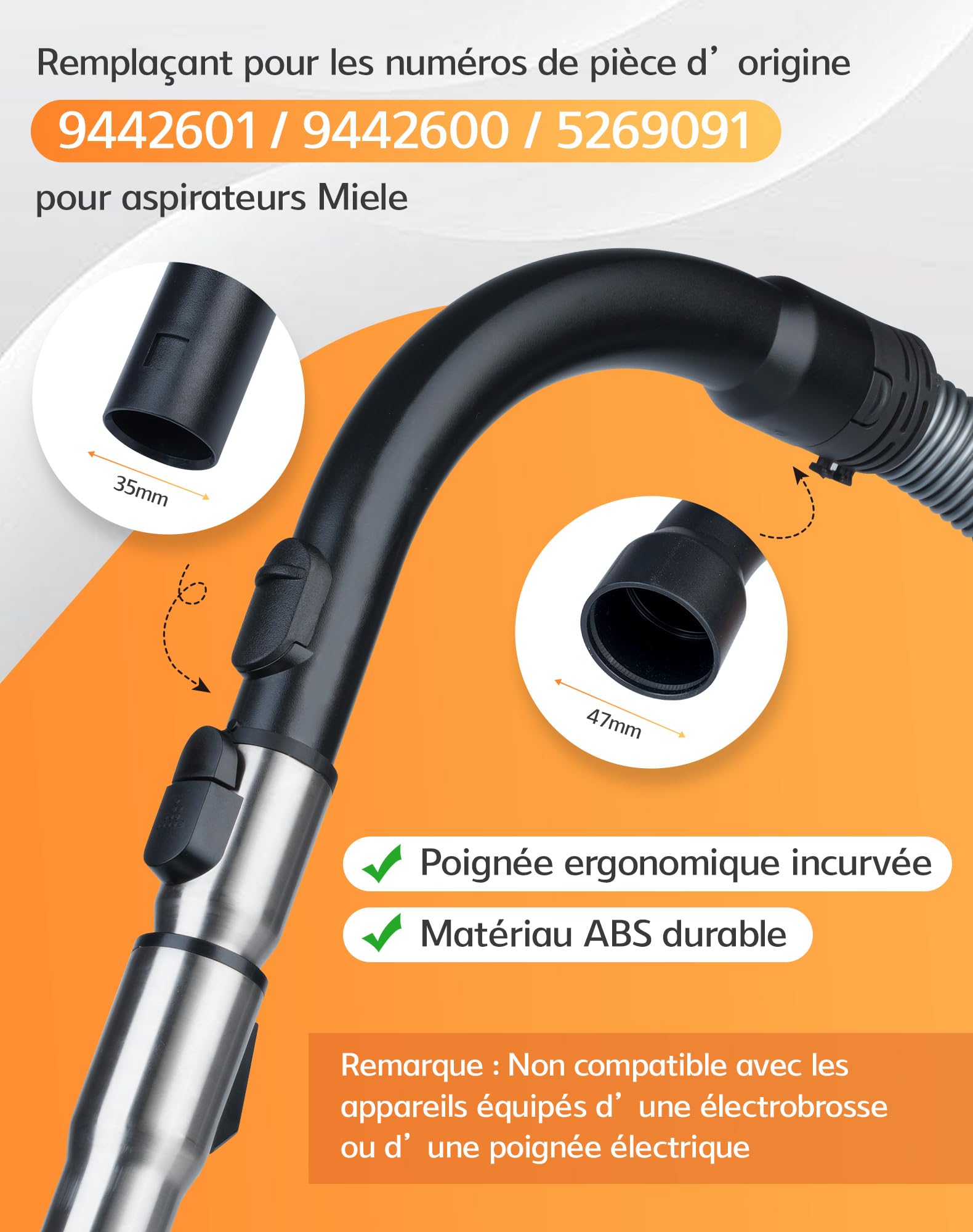 Tube télescopique avec système d’encliquetage et manche pour Miele aspirateur, pièces détachée compatible avec Miele Complete Complete C3, C2, C1, S2, S4, S5, S6, tube télescopique 62–104 cm